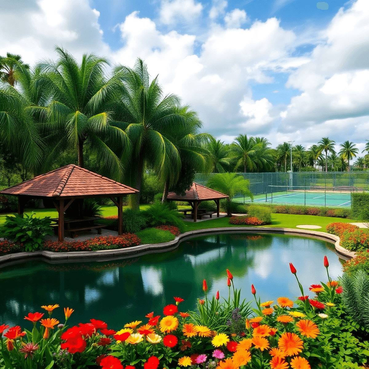 A lush Tropical Park in Florida featuring vibrant greenery, a serene lake, colorful flowers, picnic pavilions, and a tennis court, perfect for outd...