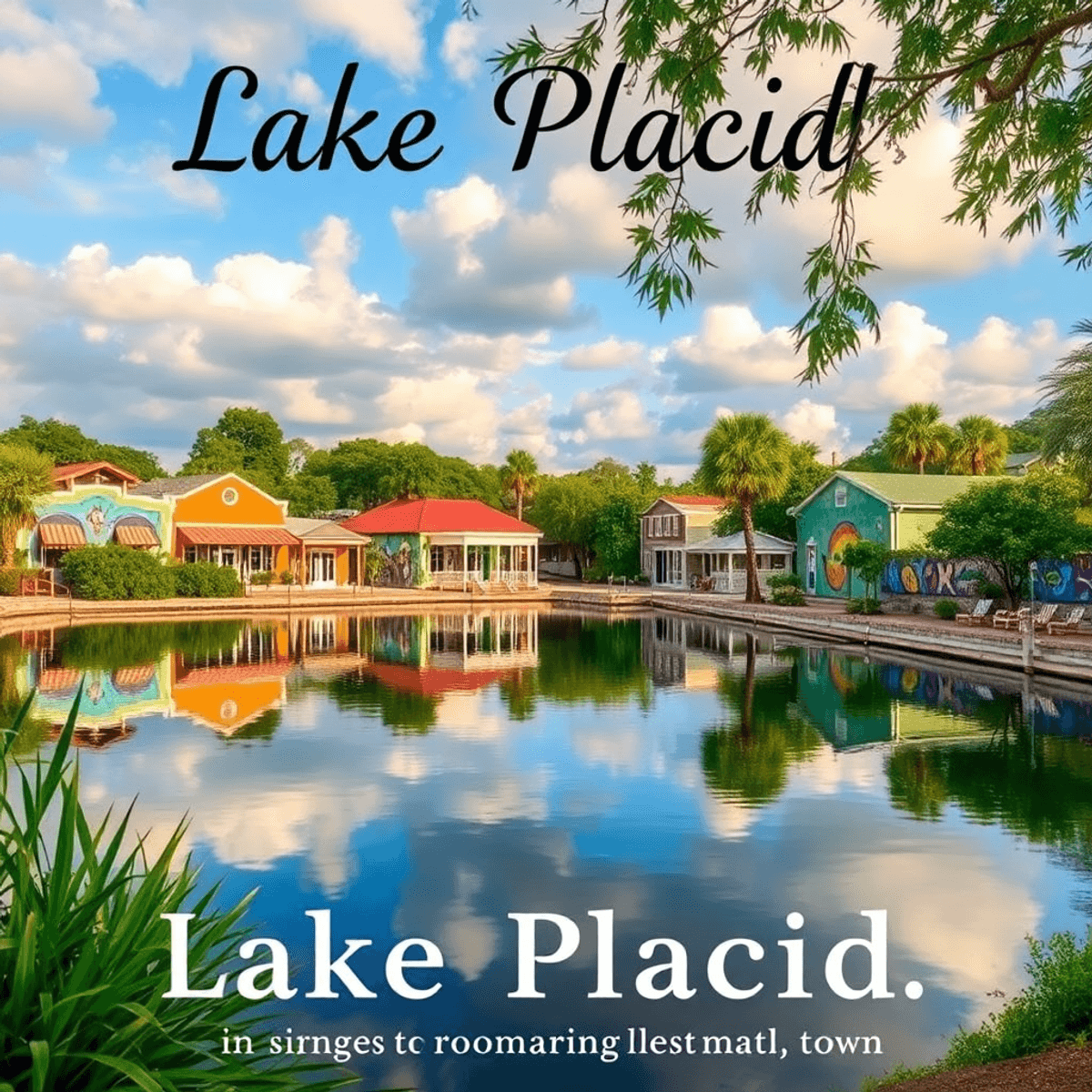 A serene Lake Placid scene with reflections of the sky, surrounded by lush greenery and vibrant murals on nearby buildings, evoking romance and com...