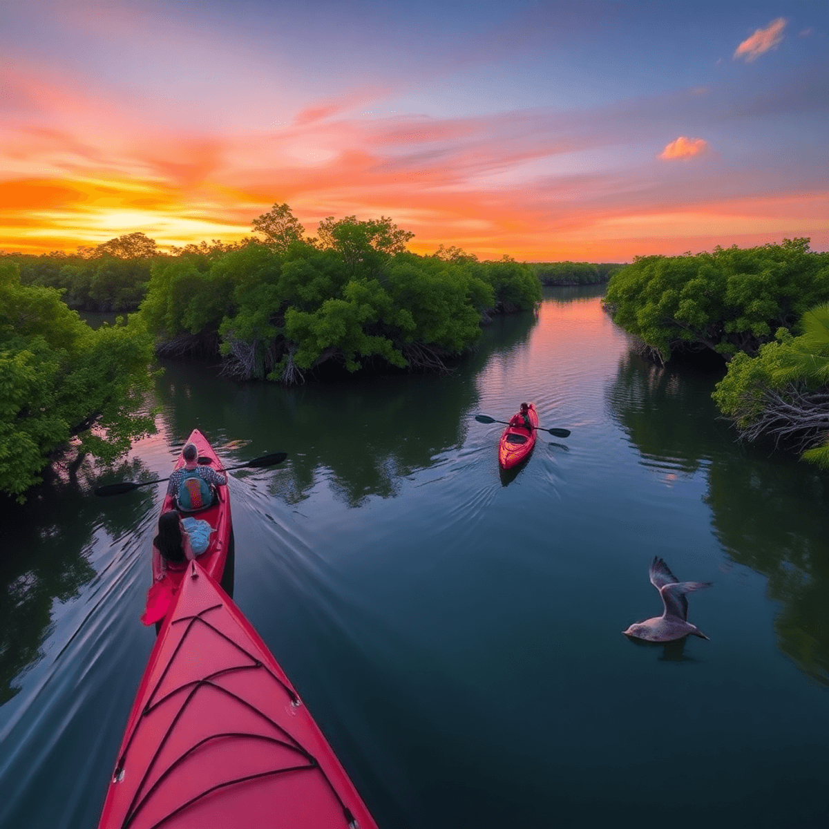 A serene waterfront view of Crystal River, Florida, with kayakers in lush mangrove tunnels and a vibrant sunset reflecting on the water, showcasing...