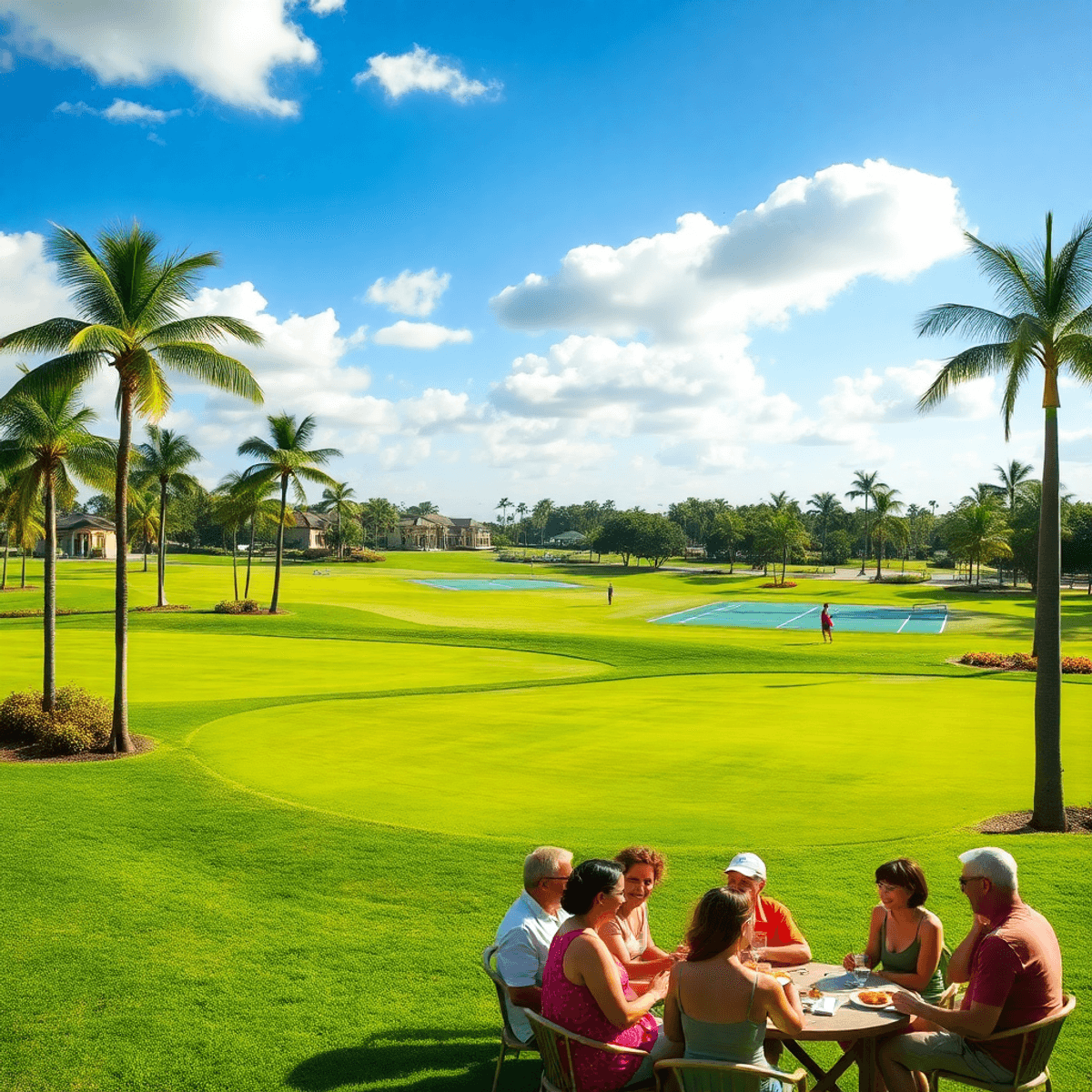 A sunny golf course in Pelican Marsh, Florida, with lush greens, palm trees, tennis courts in the background, and singles engaging in activities an...