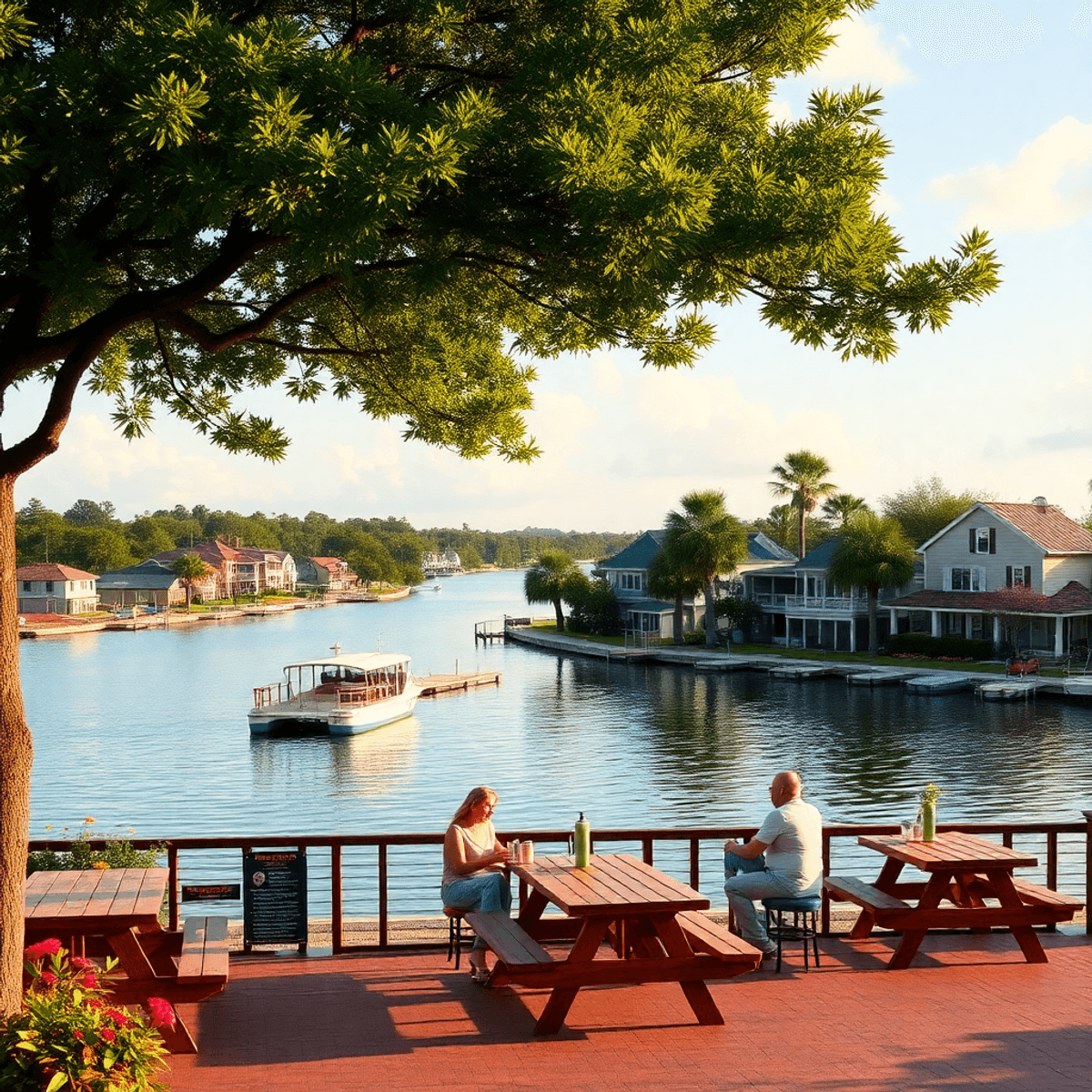 A tranquil lake view in Lake Clarke Shores, surrounded by greenery and charming homes, with picnic tables and couples enjoying the outdoors, creati...