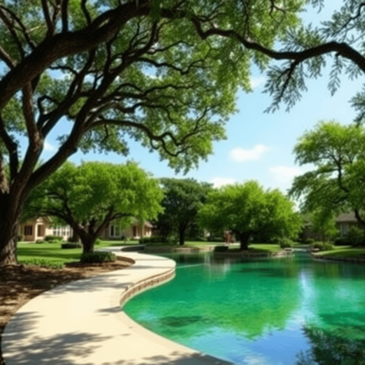 A tranquil landscape of Rainbow Lakes Estates in Florida, featuring clear water, lush greenery, and a scenic walking trail lined with oak trees, id...