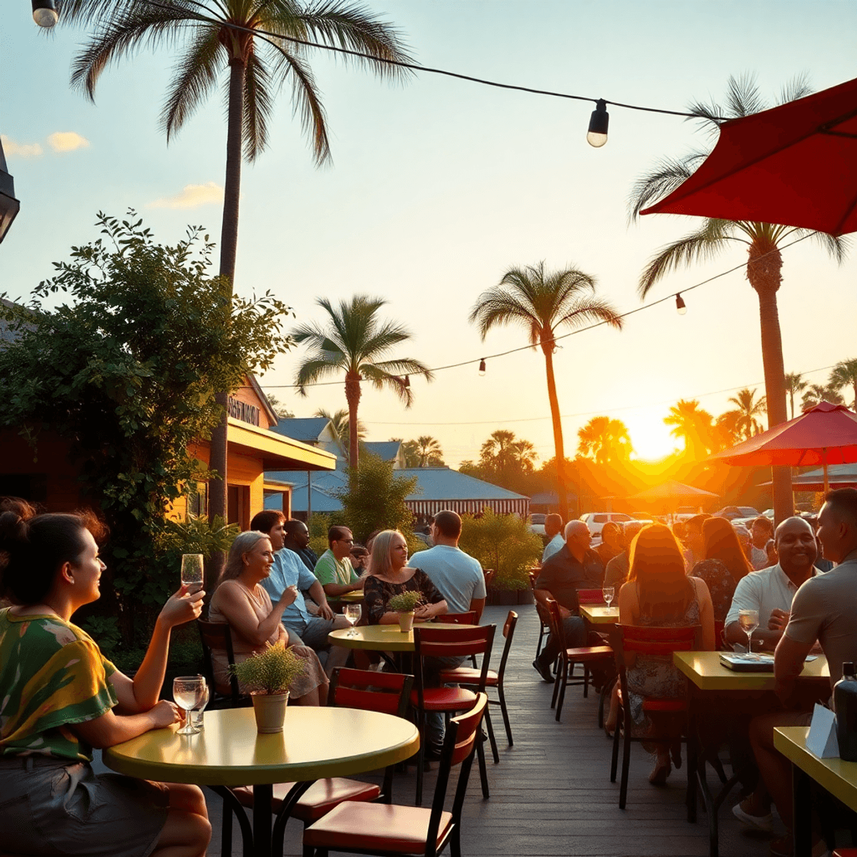 A lively outdoor café in Kensington Park, Florida, with colorful tables and greenery, filled with singles chatting and laughing under a warm sunset.