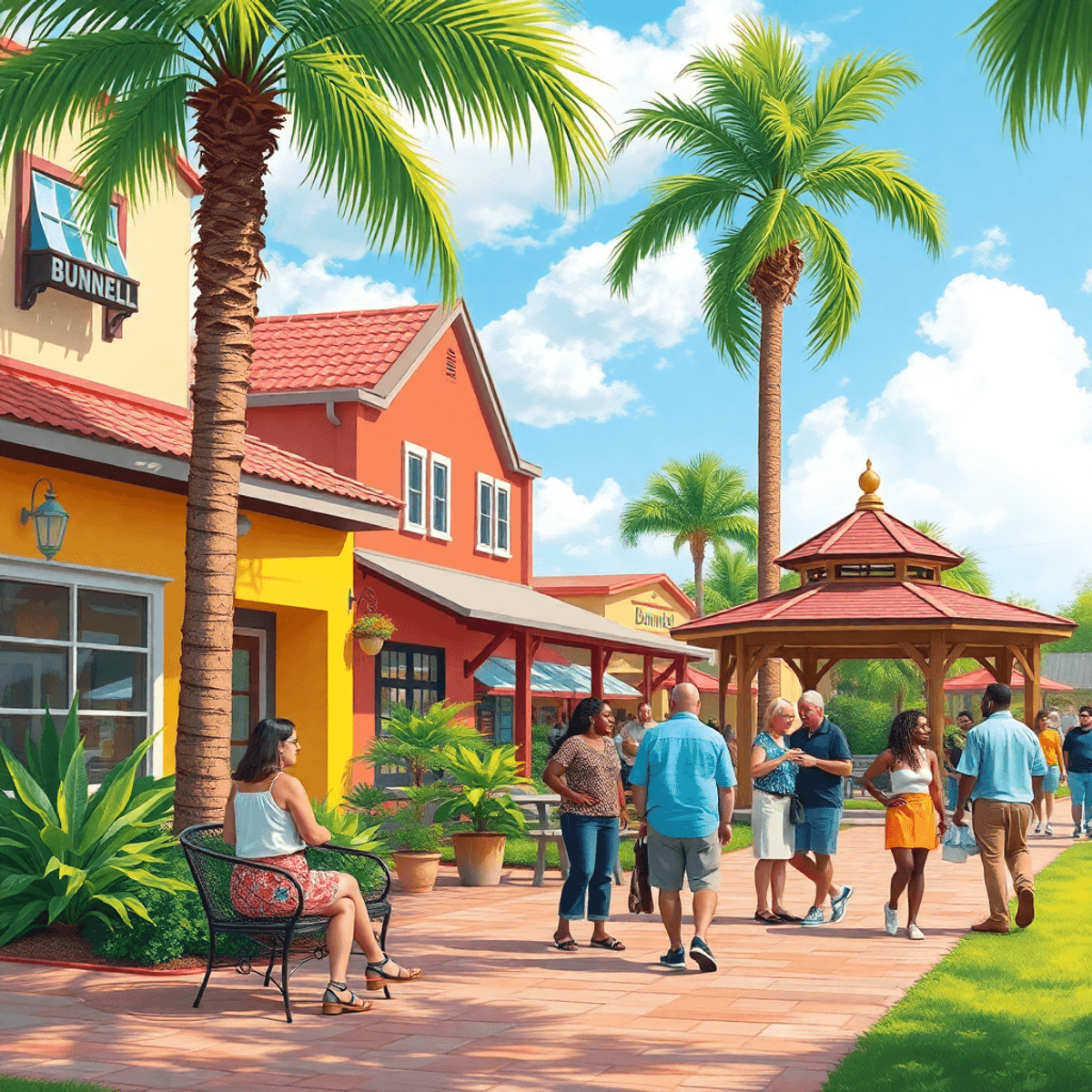 A vibrant small-town park in Bunnell, Florida, with palm trees, a charming gazebo, and cafes, filled with people engaging in friendly conversations...