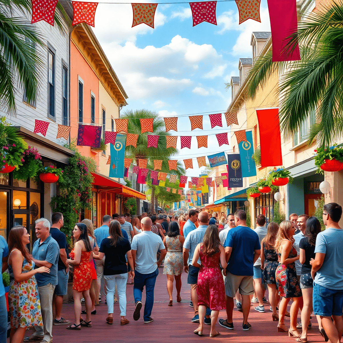 A lively small-town street in Geneva, Florida, bustling with people socializing at a community event, adorned with colorful banners and decorations...