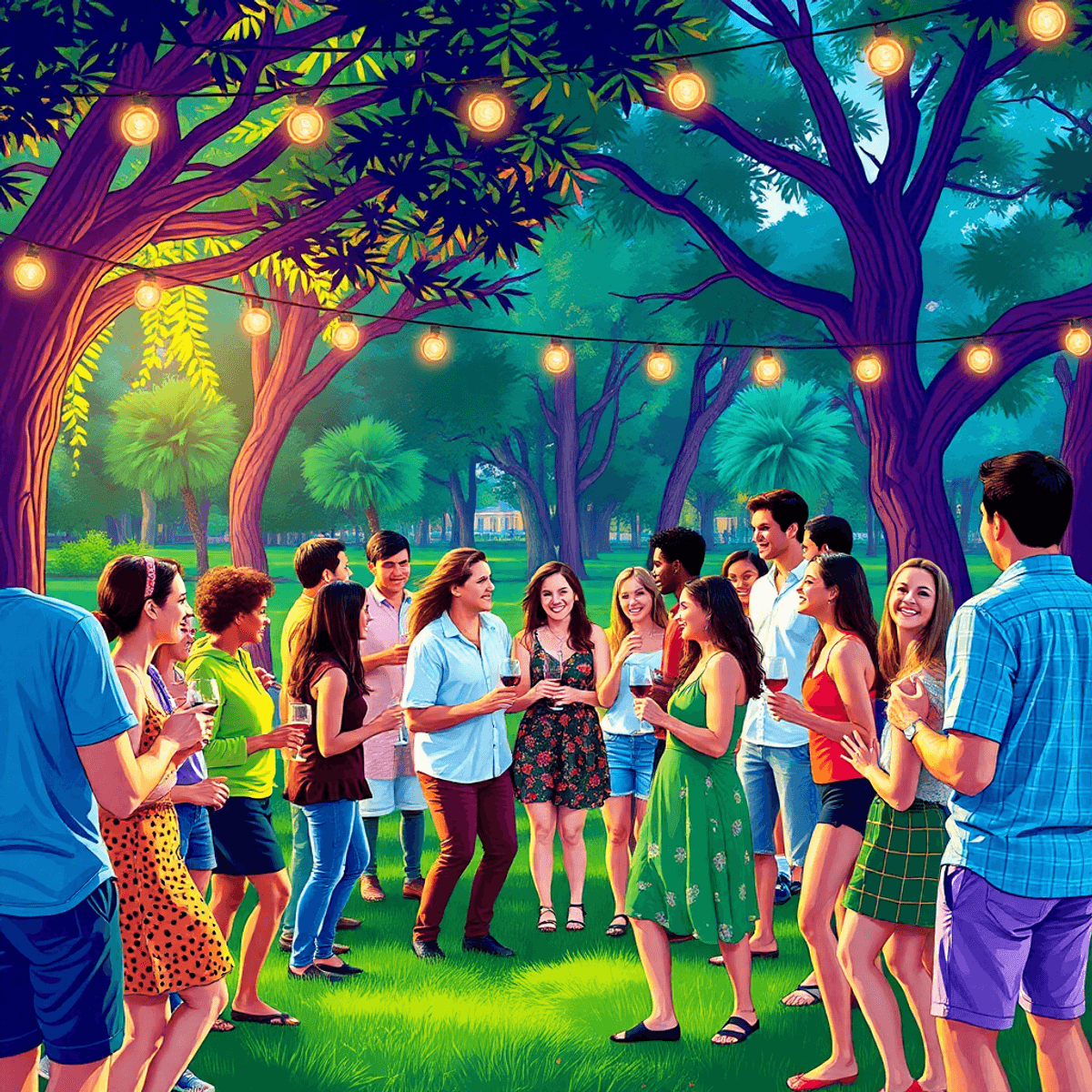 A lively park gathering in High Point, Florida, with singles enjoying wine tasting, dancing, and outdoor fun, filled with bright colors and cheerfu...