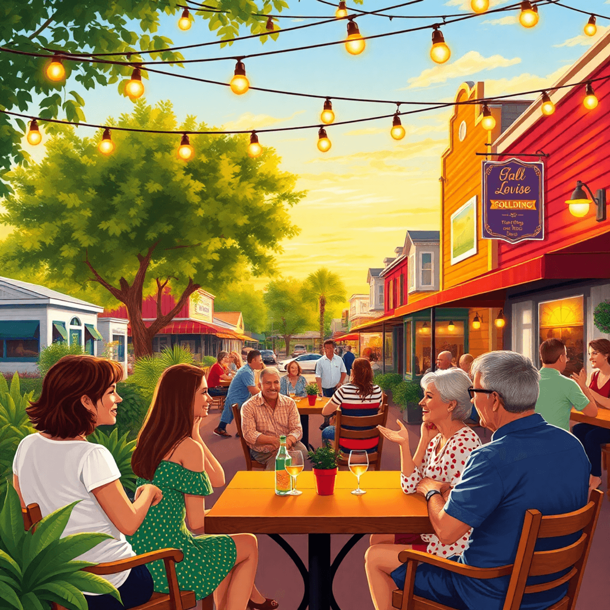 A cozy outdoor café in Goulding, Florida, with couples enjoying their time together under string lights, surrounded by lush greenery and a warm sun...