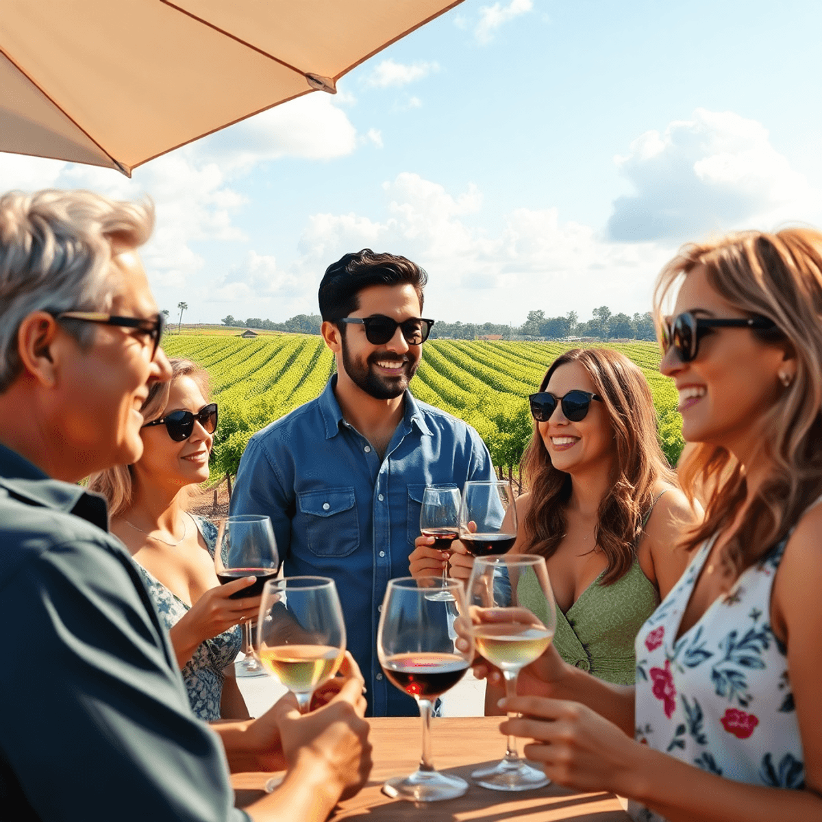 A sunny outdoor gathering in Florida with people socializing and enjoying wine tasting, surrounded by a beautiful vineyard backdrop and cheerful in...