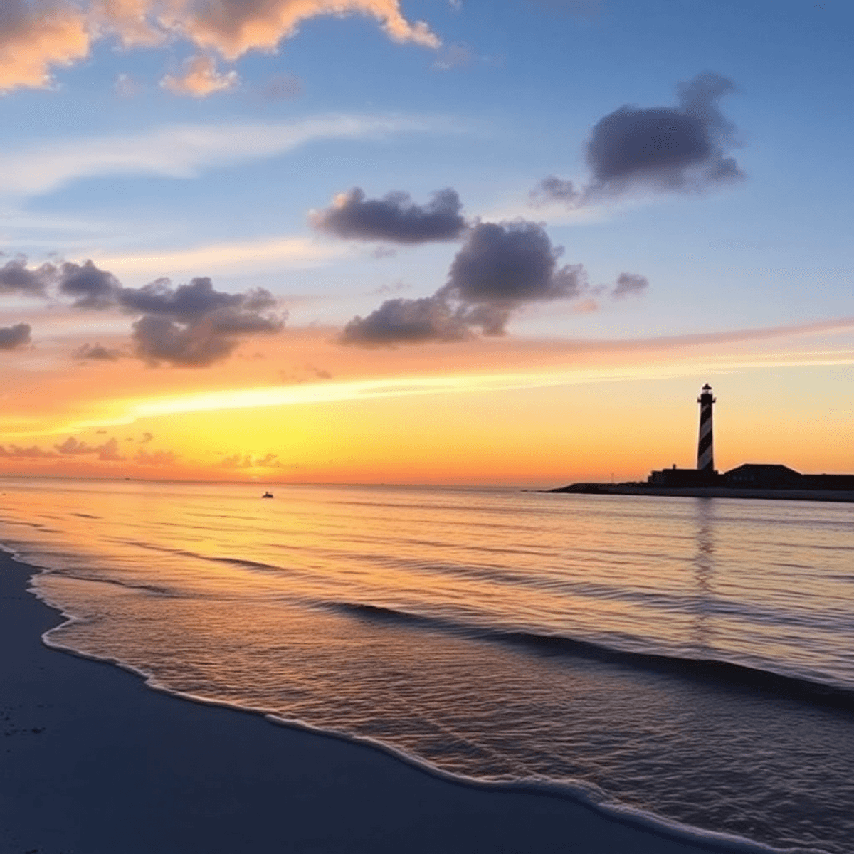 A romantic sunset over Ponce Inlet beaches, with gentle waves and the silhouette of Ponce Inlet Lighthouse, evoking love and connection in a serene...