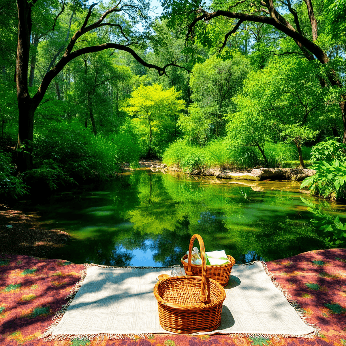 A serene picnic setup by crystal-clear springs in De Leon Springs, Florida, surrounded by lush greenery and vibrant nature trails, evoking romance ...