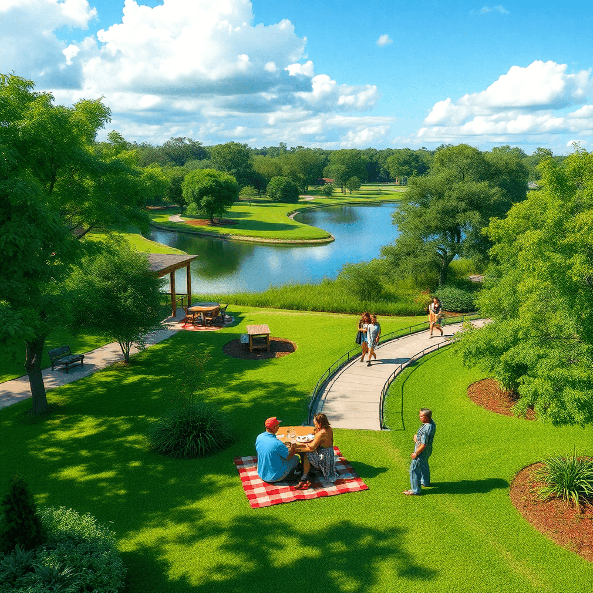 A picturesque park in Westlake, Florida, featuring lush greenery, walking trails, a serene lake, and couples enjoying picnics in an inviting and ro...