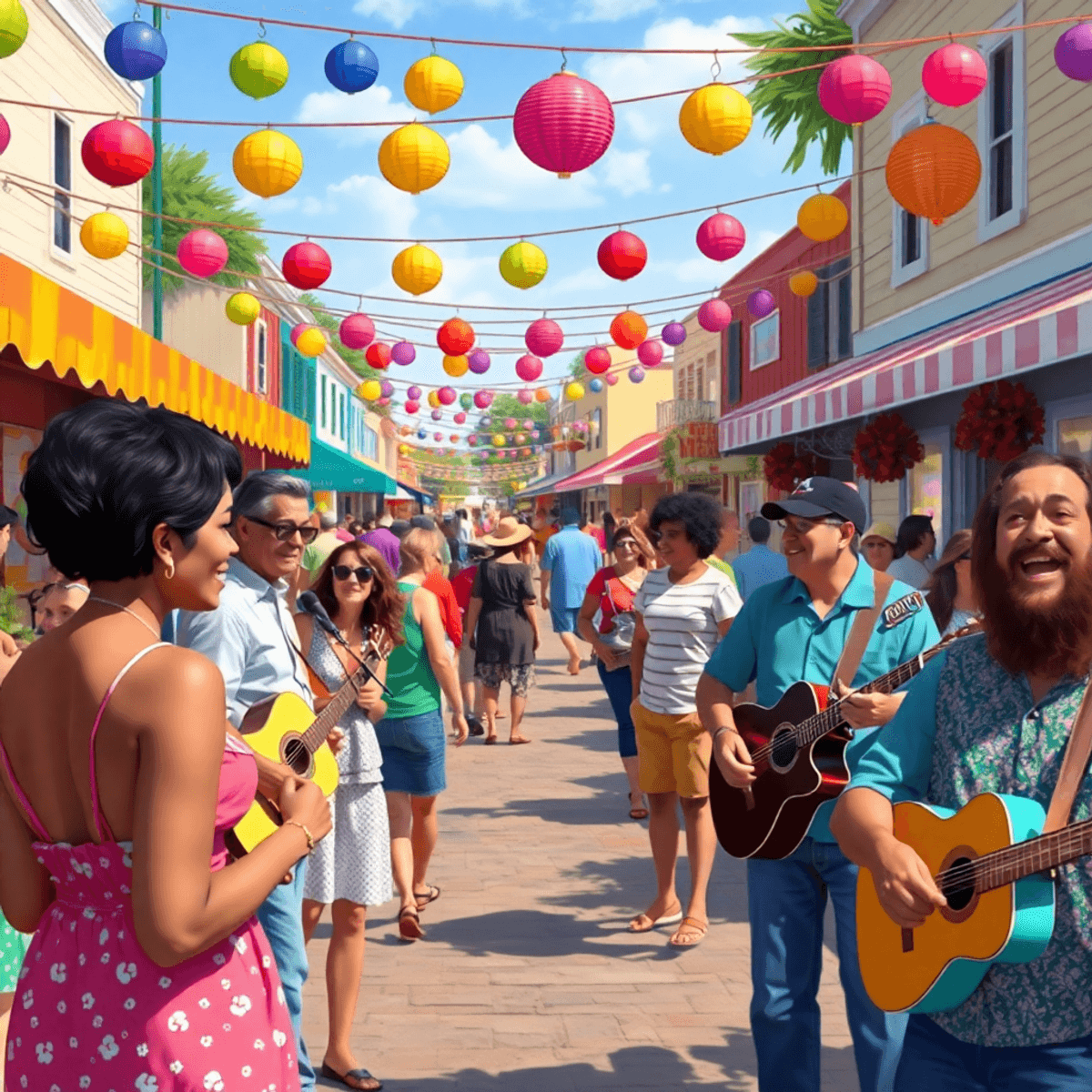 A lively small-town festival in Graceville, Florida, with colorful decorations, local musicians playing blues music, and people mingling amidst cha...