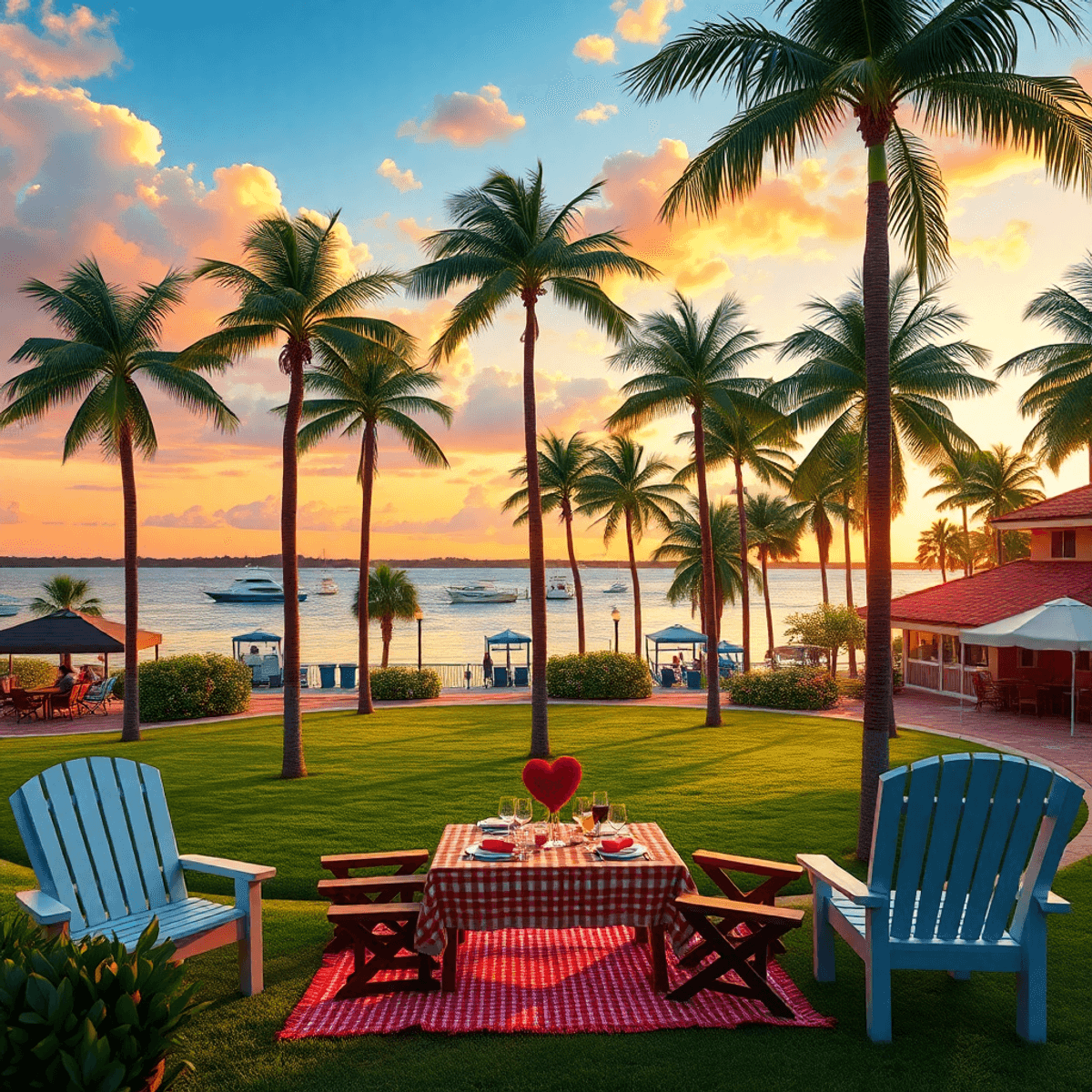 A vibrant waterfront park in Bay Pines, Florida at sunset, featuring palm trees, heart-shaped decorations, and picnic setups, evoking romance and c...