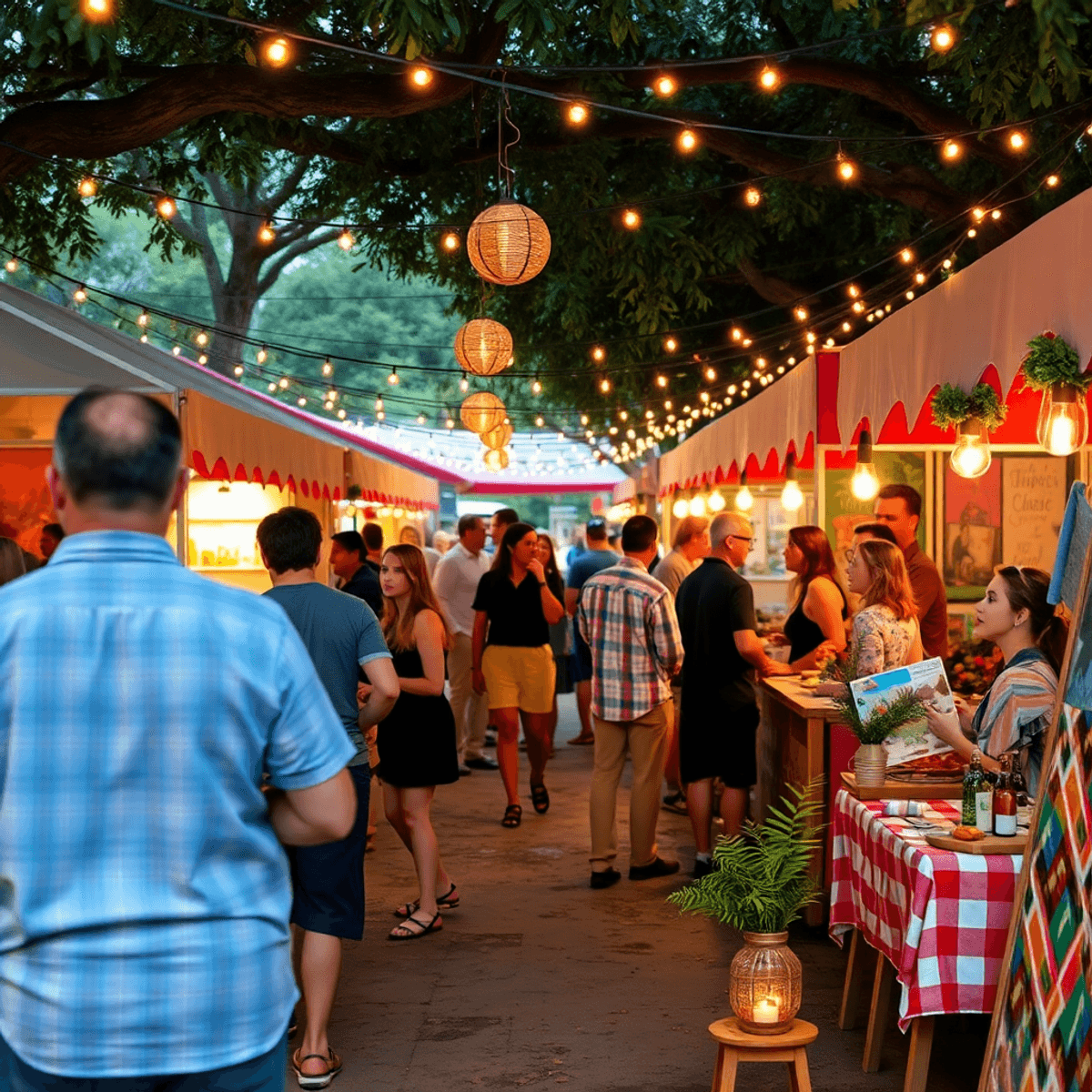 A vibrant community festival in an outdoor setting with colorful decorations, food stalls, fairy lights, and people socializing, creating a warm an...