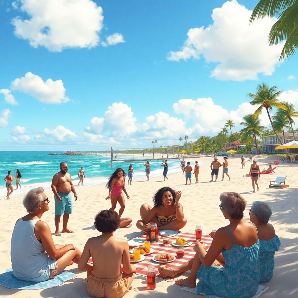 A lively beach scene in Hypoluxo, Florida, with people enjoying beach volleyball and picnics, surrounded by palm trees under a bright sun, creating...