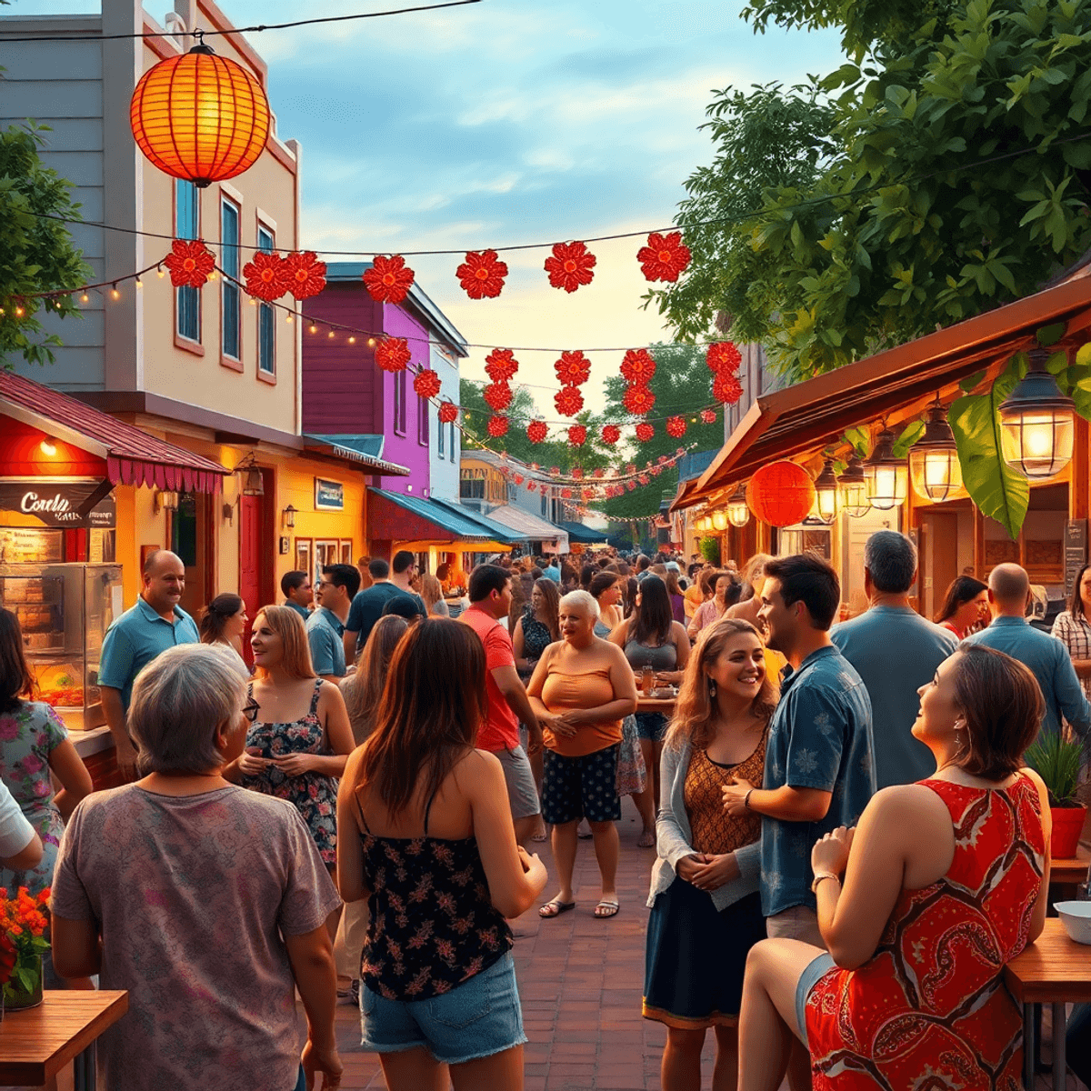 A vibrant outdoor scene in Bonifay, Florida, with people enjoying a community event, engaging in conversation, surrounded by food stalls and festiv...