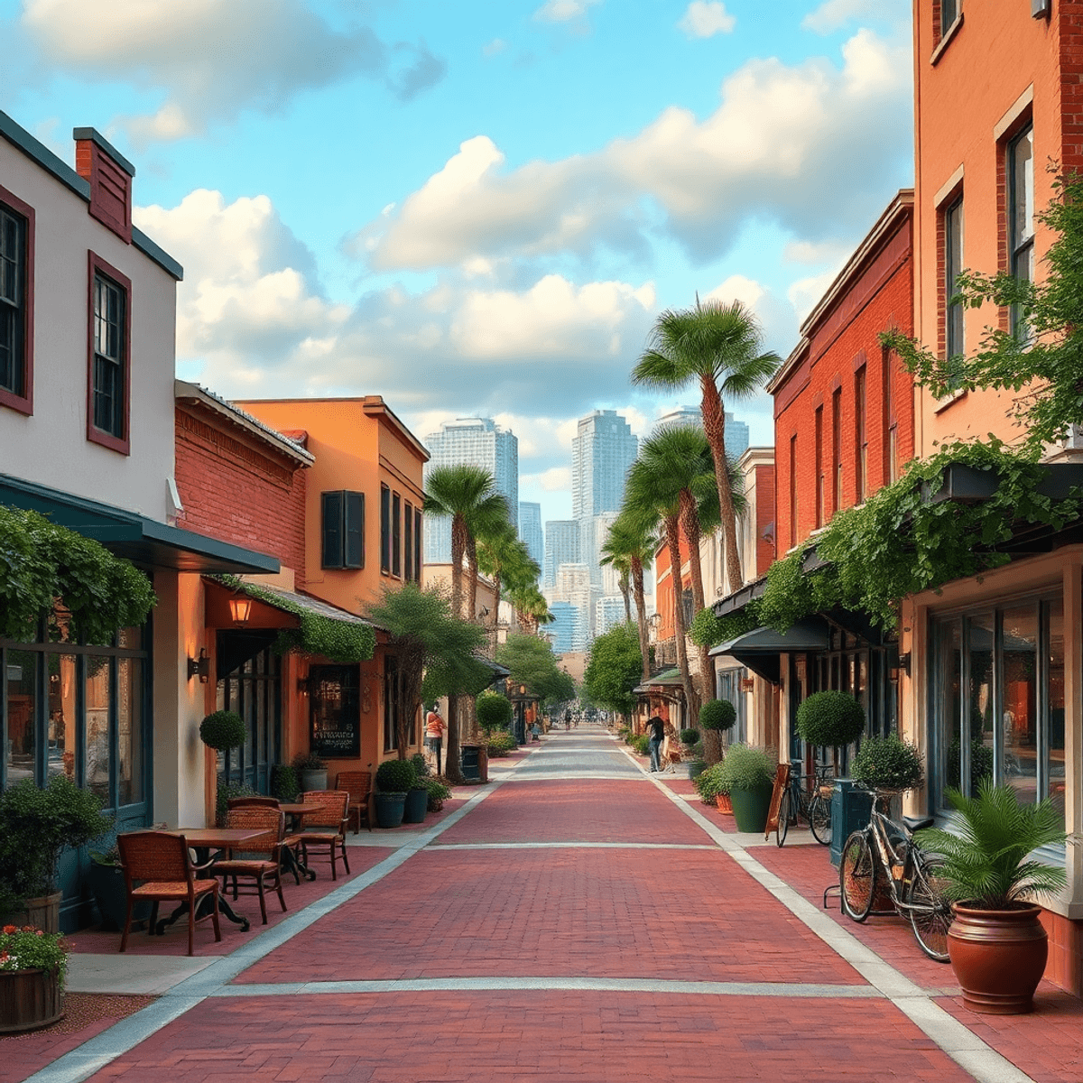 A picturesque small-town street in Edgewood, Florida, lined with cozy cafes and parks, framed by the distant Orlando skyline, evoking a warm and in...