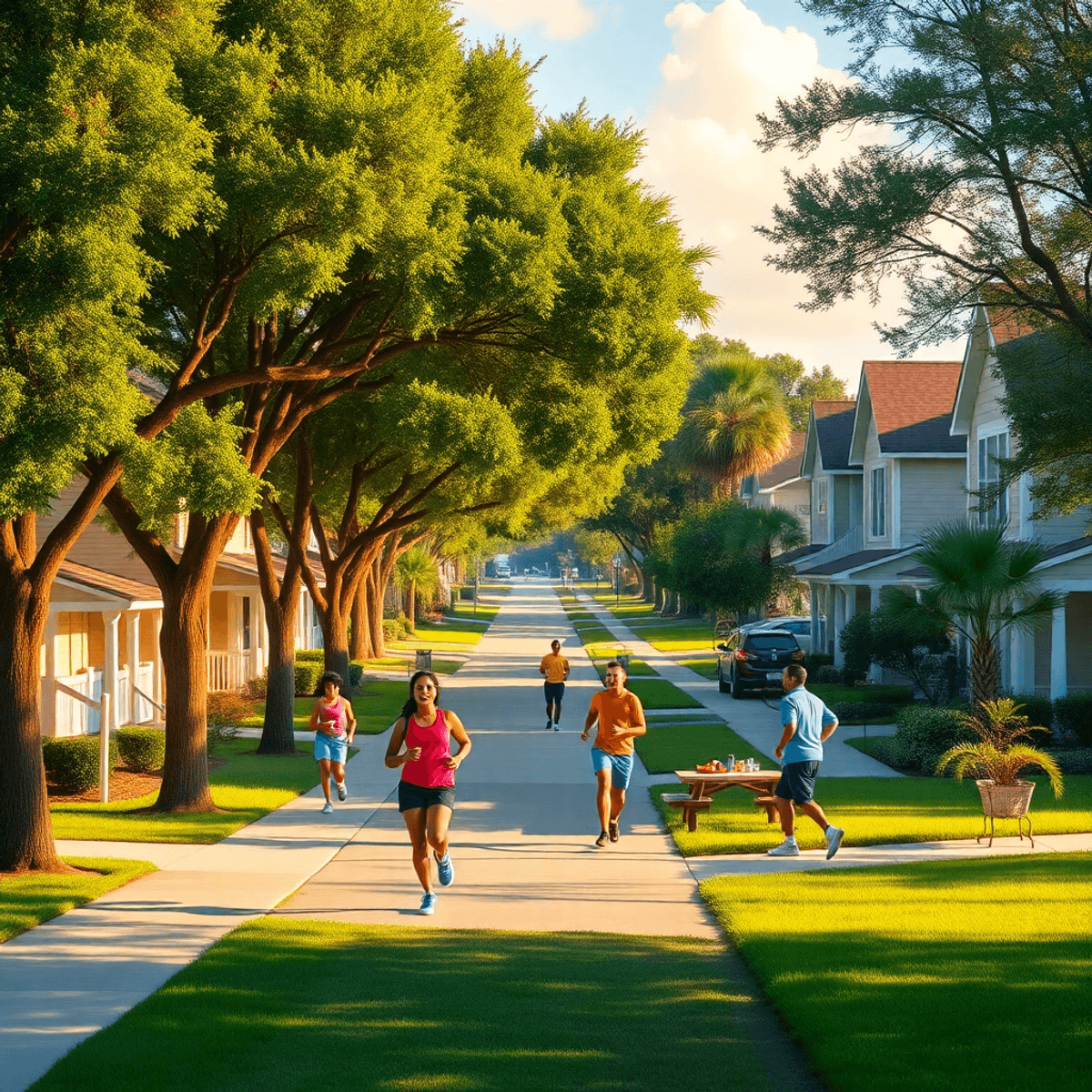 A peaceful suburban neighborhood in Inverness Highlands North, Florida, showcasing tree-lined streets, well-kept homes, and a cozy park with people...