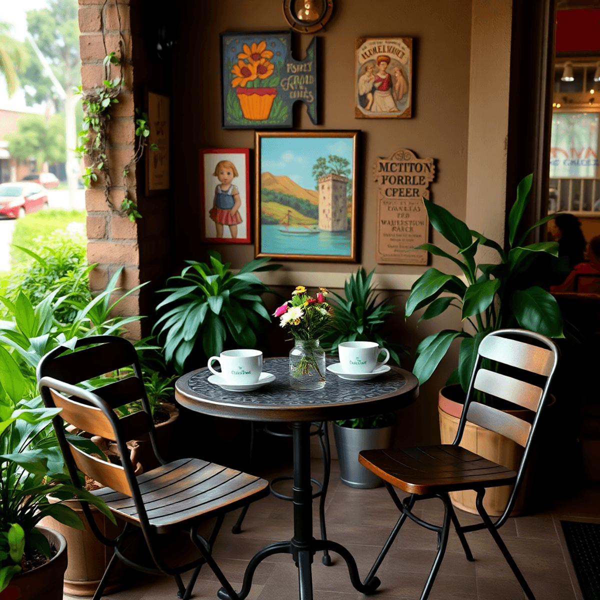 A cozy outdoor café scene with a table set for two, coffee cups, and a vase of flowers, surrounded by greenery and local artwork, exuding a warm, i...