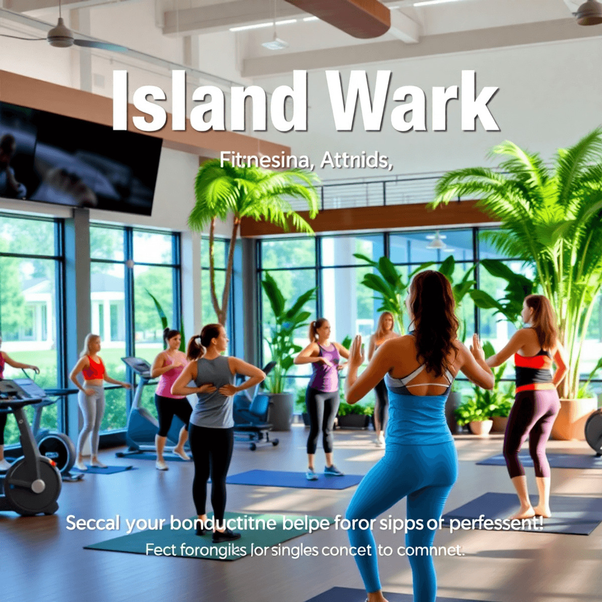 A lively fitness center in Island Walk, Florida, with people participating in group workouts and yoga sessions against a backdrop of lush greenery ...