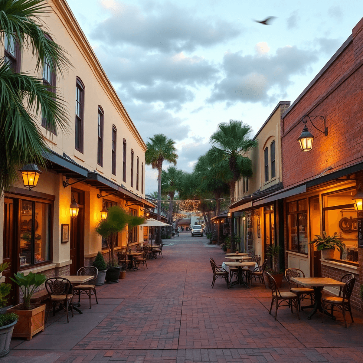 A charming small-town street in Wallace, Florida, with cozy cafes, outdoor gathering spaces, warm lighting, palm trees, and vintage storefronts, ev...