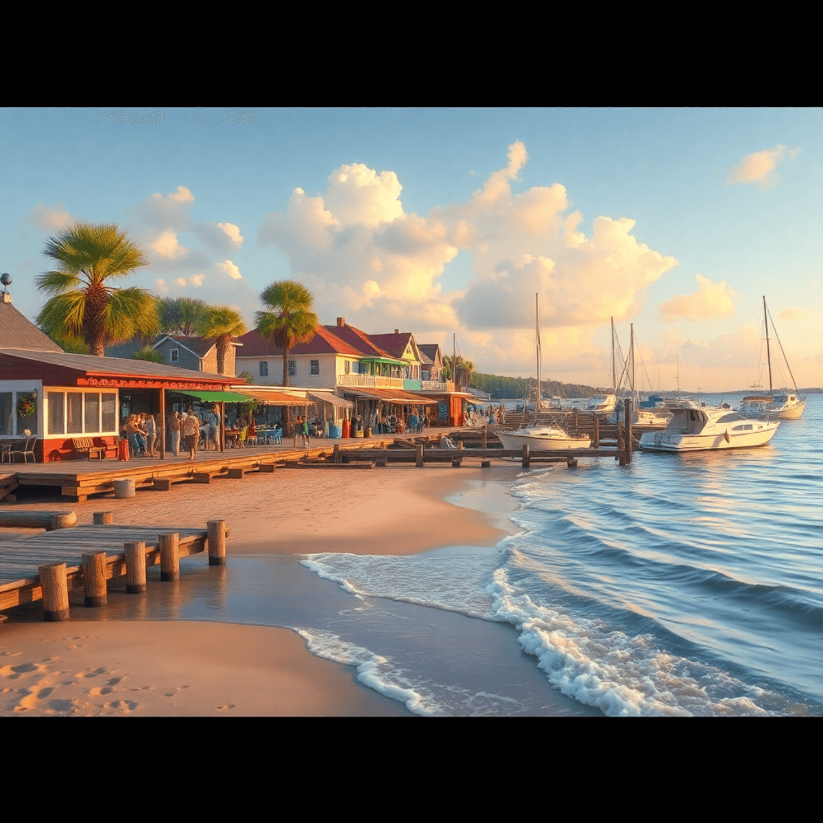 A tranquil beach scene in Eastpoint, Florida, featuring colorful fishing boats at weathered docks, a lively seafood market, and friendly locals enj...