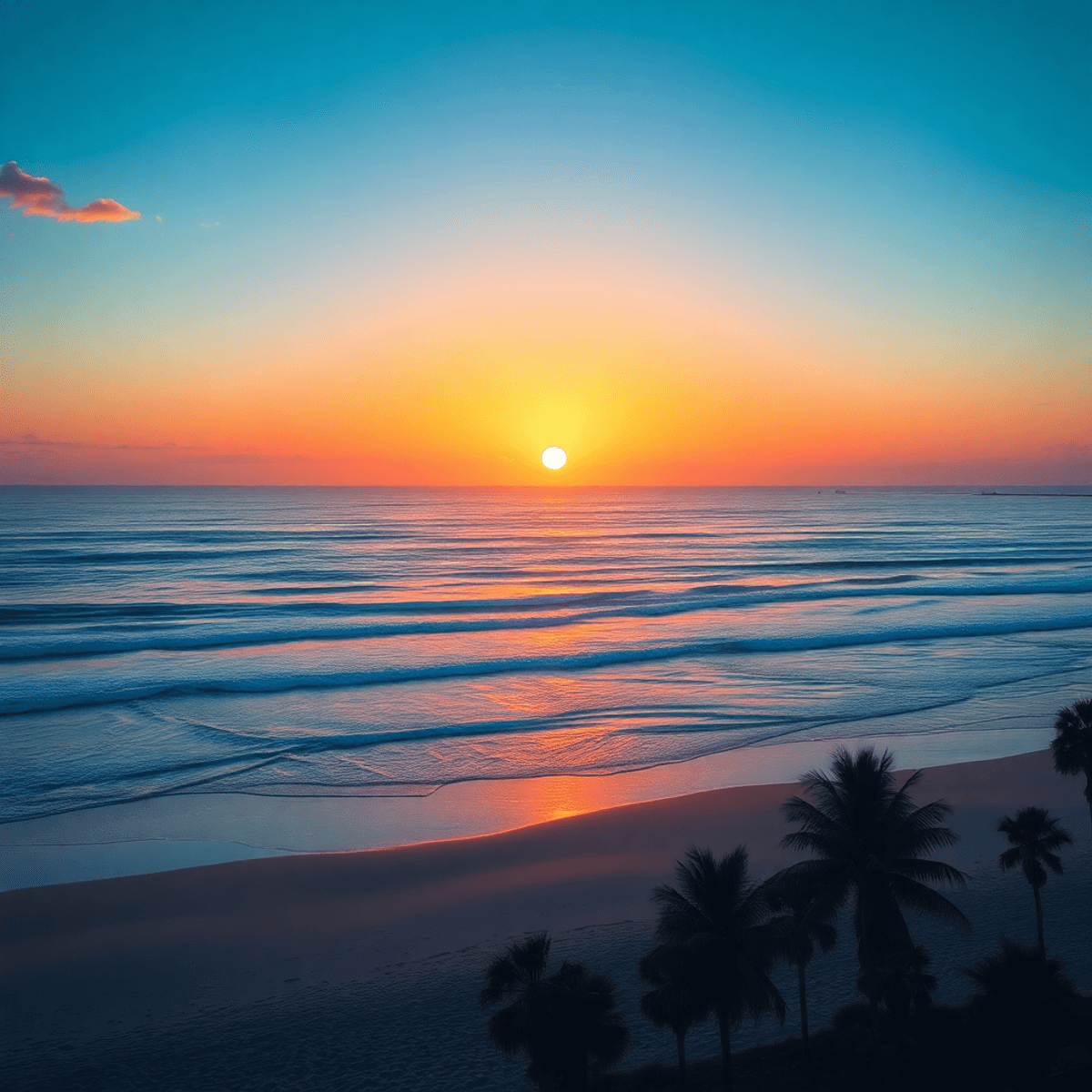 A stunning sunset over Indian Rocks Beach, with gentle waves and palm tree silhouettes, creating a romantic and inviting beach atmosphere.