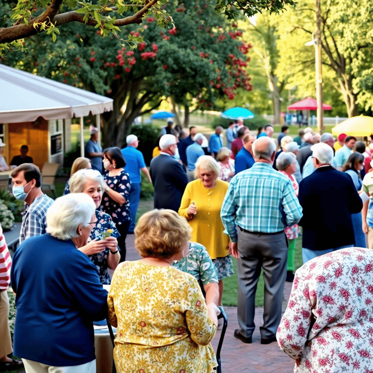 A lively park scene in Pine Manor, Florida, featuring older singles engaged in conversation and seasonal activities, creating a warm and inviting c...