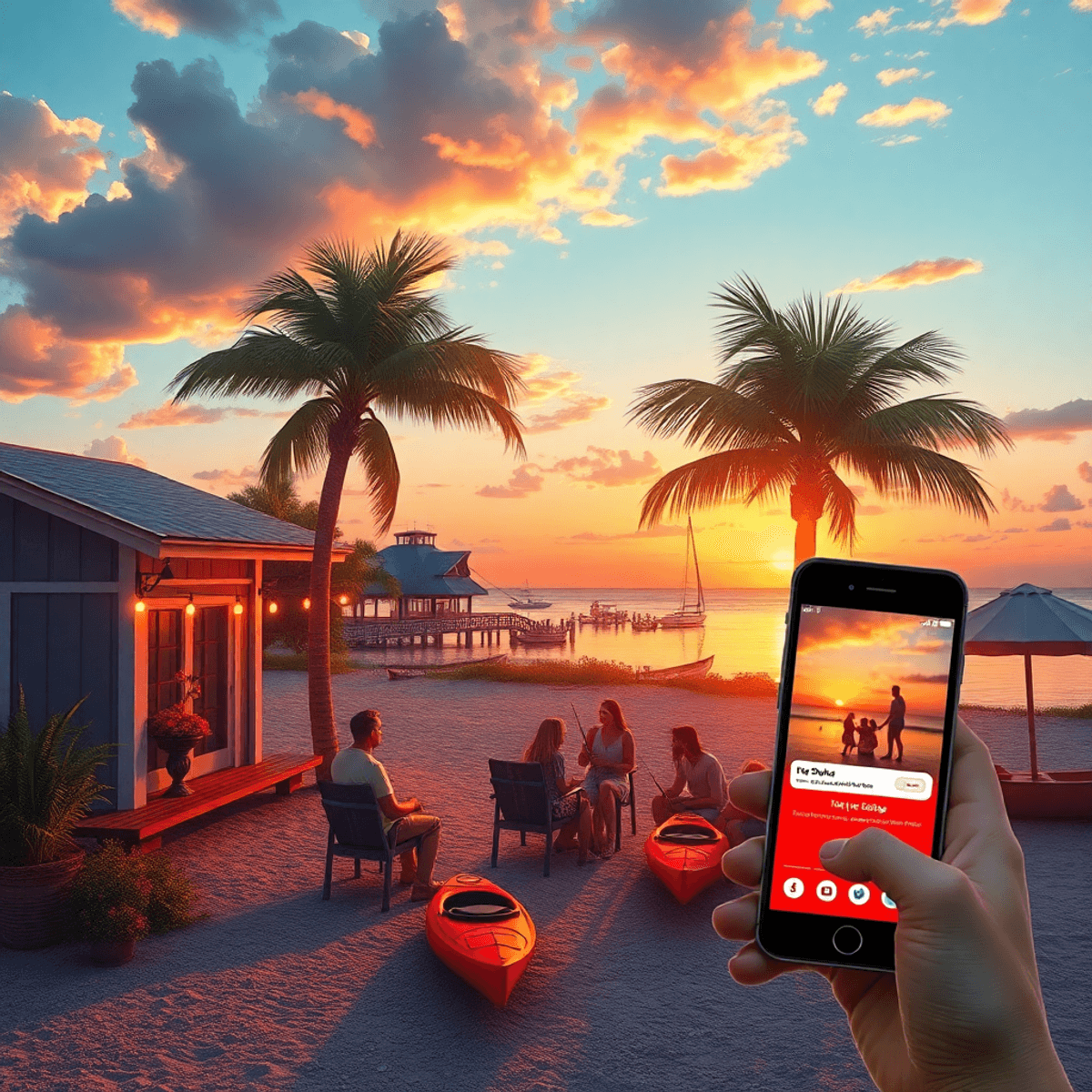 A scenic coastal view of Point Baker, Florida, showcasing friends gathering at sunset with kayaks nearby and a smartphone displaying a dating app, ...