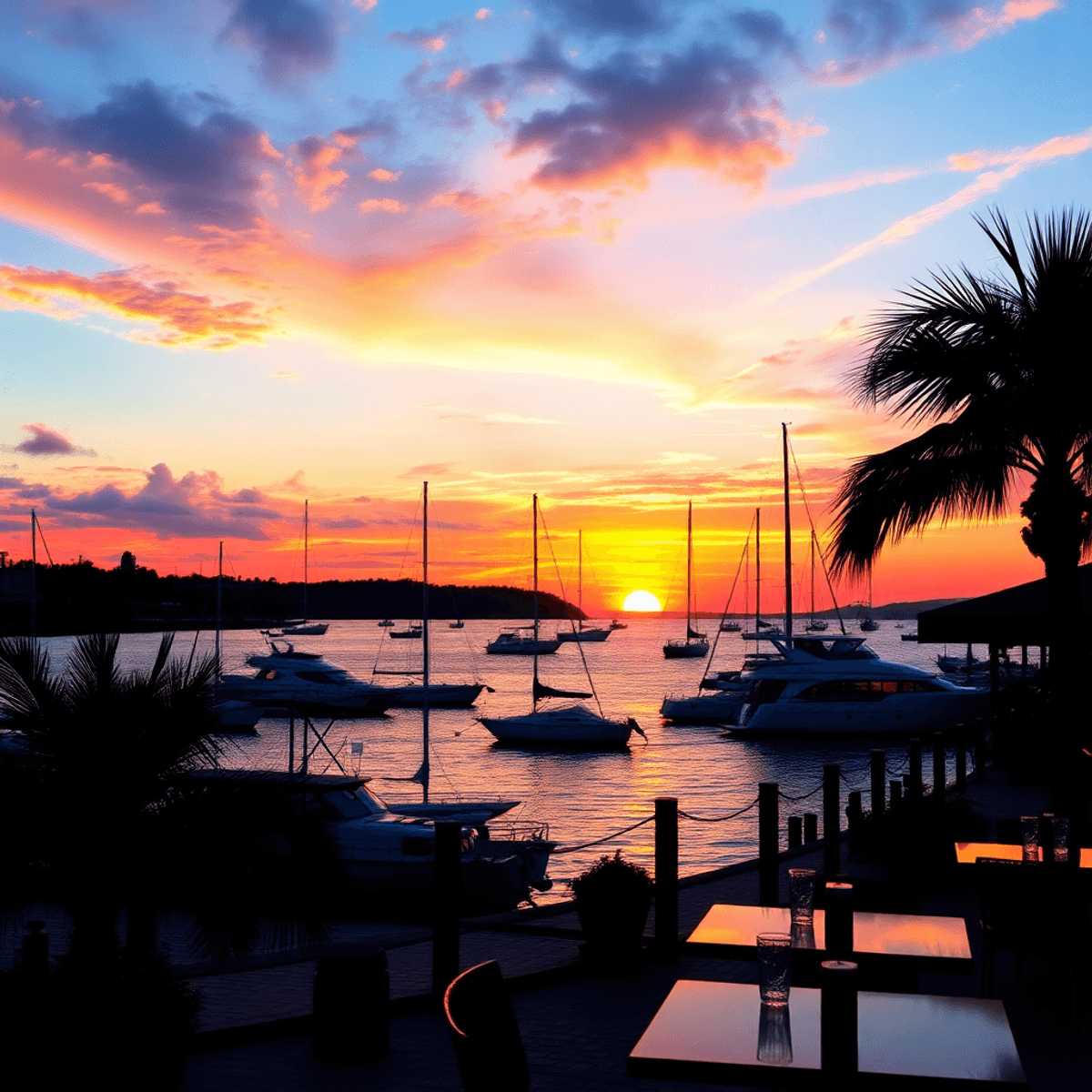 A vibrant sunset over St. James City waterfront, with silhouettes of boats and palm trees, creating a relaxed atmosphere near a cozy café.
