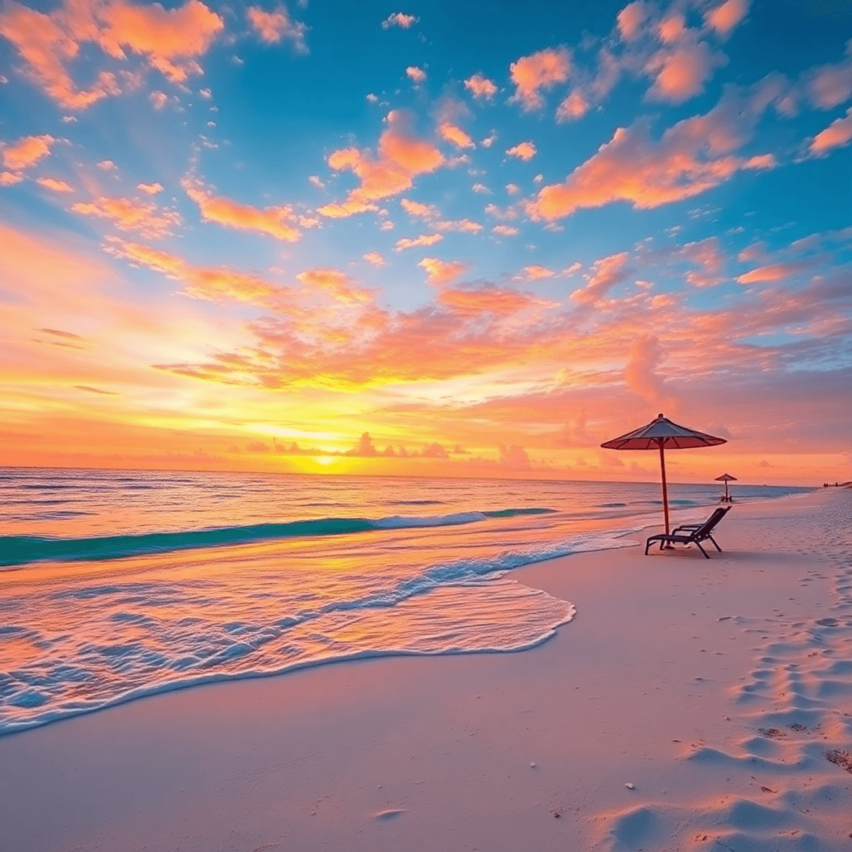A serene beach at sunset in Madeira Beach, Florida, showcasing white sand and turquoise waters with gentle waves, a colorful sky, and hints of beac...