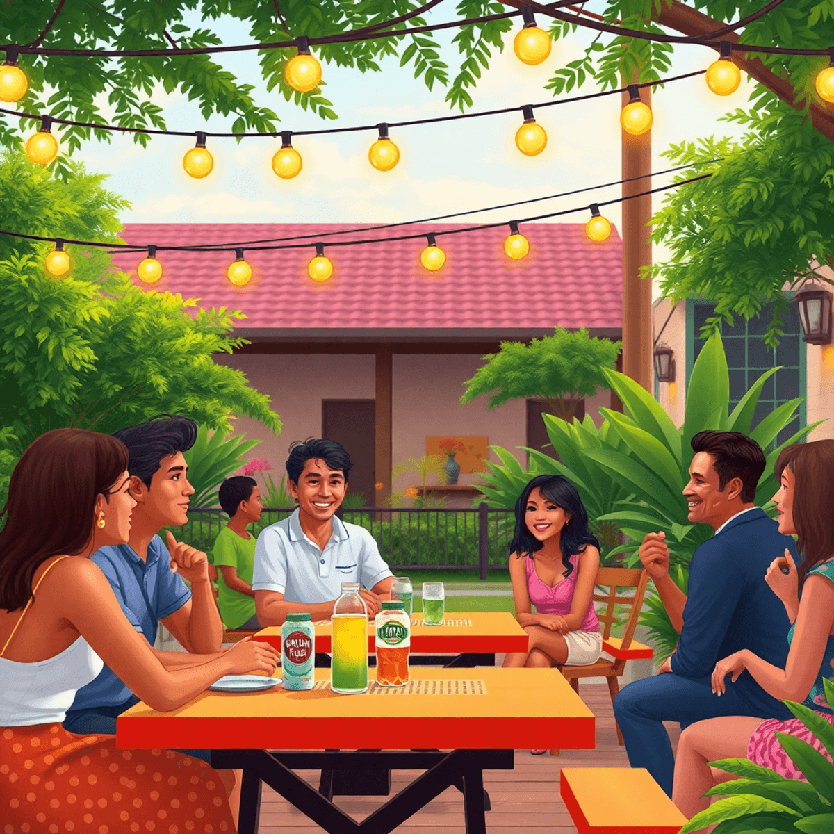 A cozy outdoor community gathering in Flagler Estates, featuring people chatting and laughing under string lights, surrounded by picnic tables and ...