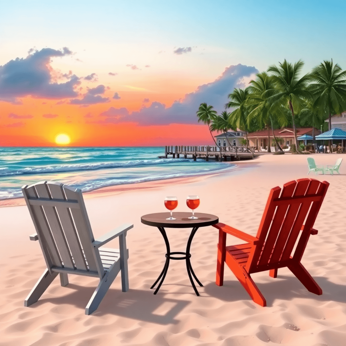 A scenic beach in West Bradenton, Florida, with soft sand, gentle waves, a romantic sunset, beach chairs, a table for two, palm trees, and local br...