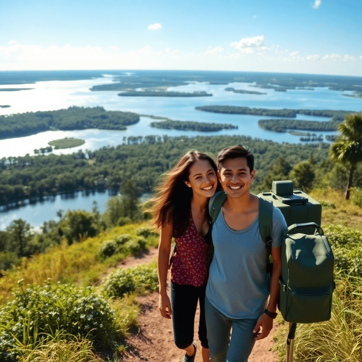 A scenic view of Windermere, Florida, featuring sparkling lakes and lush landscapes, with a couple enjoying an outdoor adventure on a hiking trail.