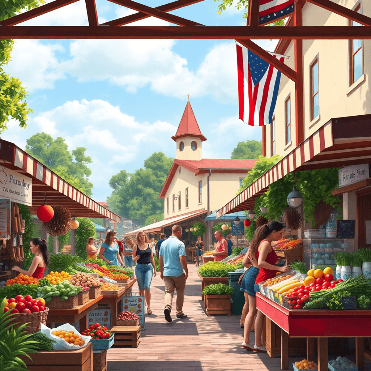 A vibrant farmers' market in Malabar, Florida, with colorful stalls of fresh produce, local goods, and people chatting amidst lush greenery and cha...