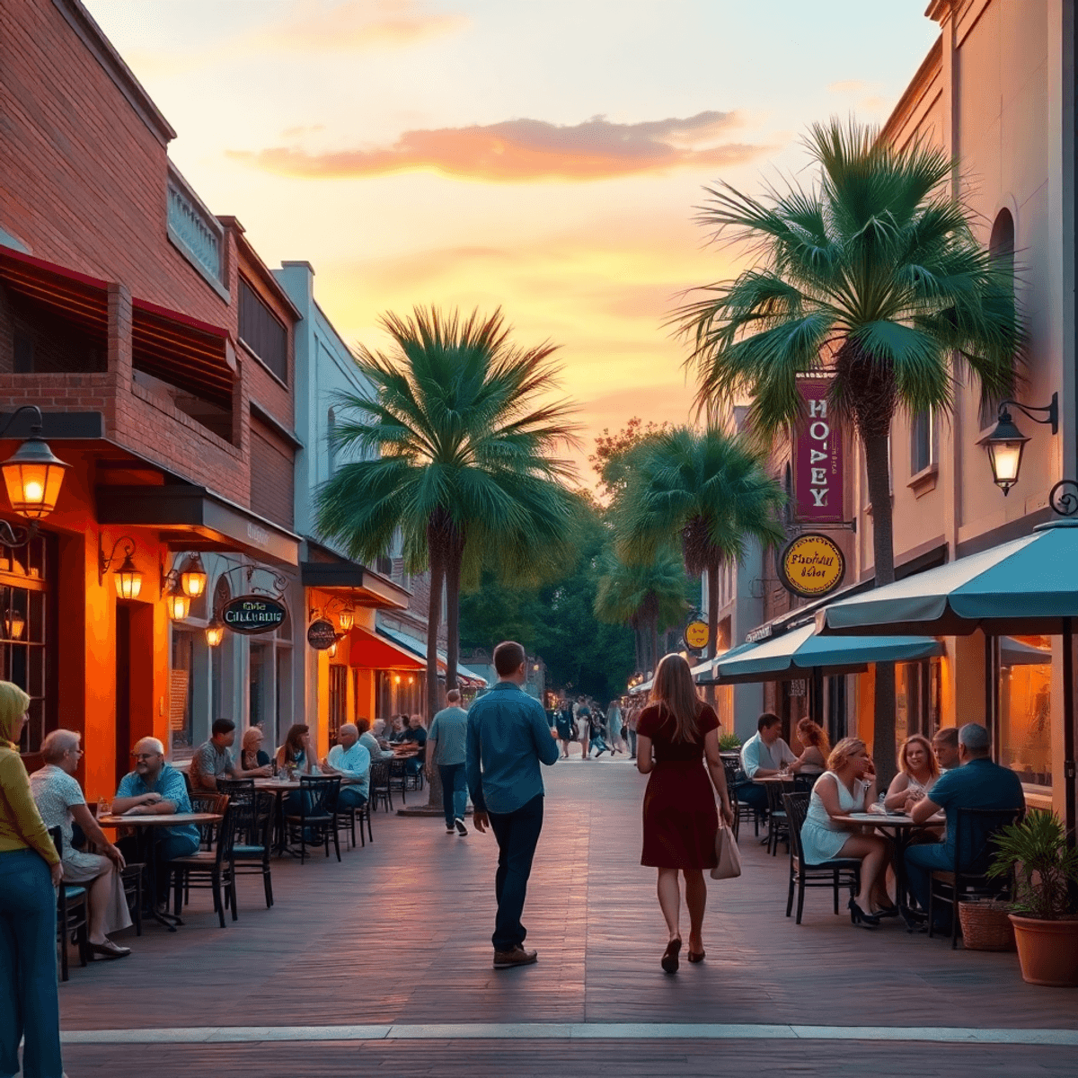 A cozy small-town street in Polk City, Florida, with outdoor cafes and couples enjoying each other's company under warm sunset lighting, surrounded...