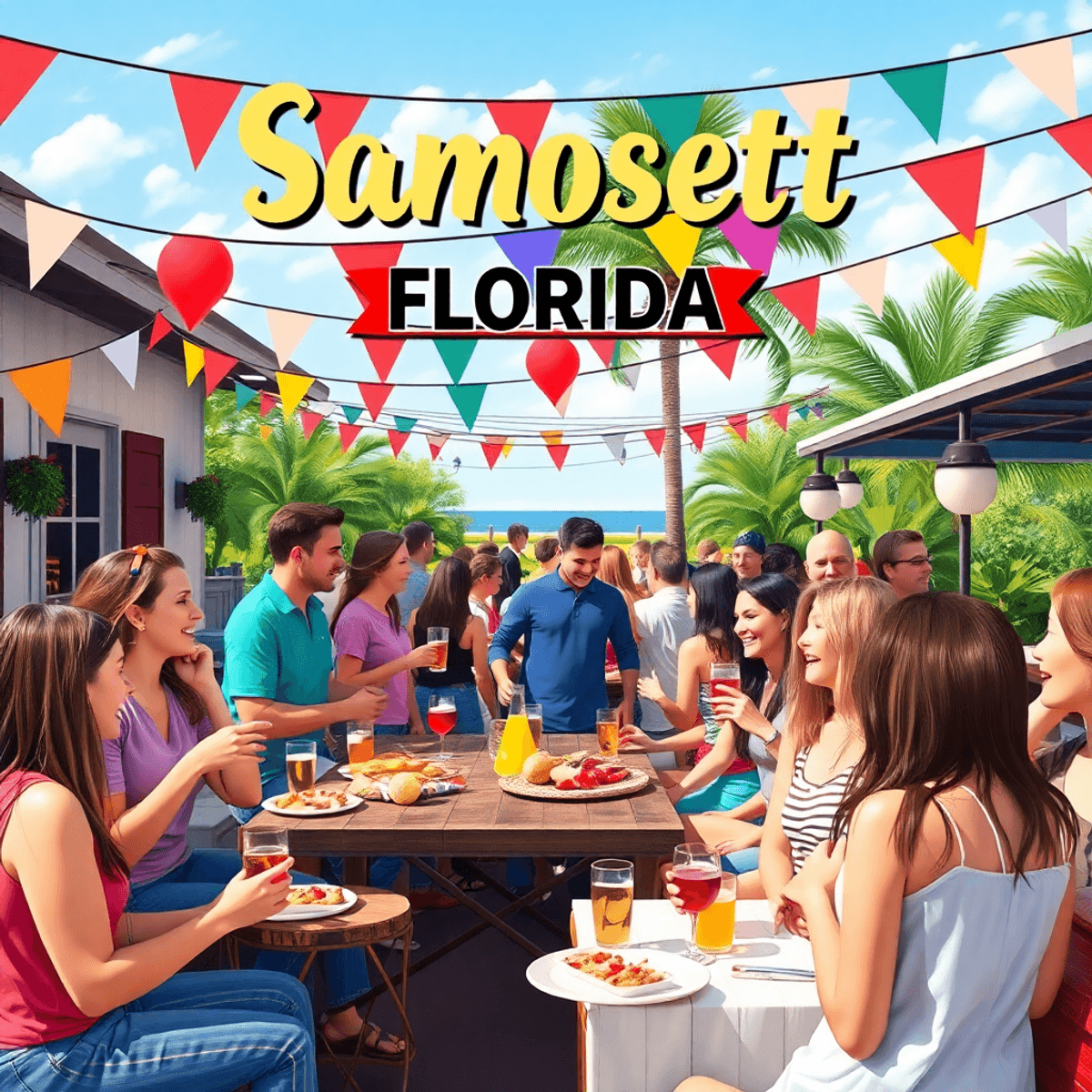 A lively outdoor gathering in Samoset, Florida, featuring singles enjoying a picnic and socializing, surrounded by colorful decorations, food, drin...