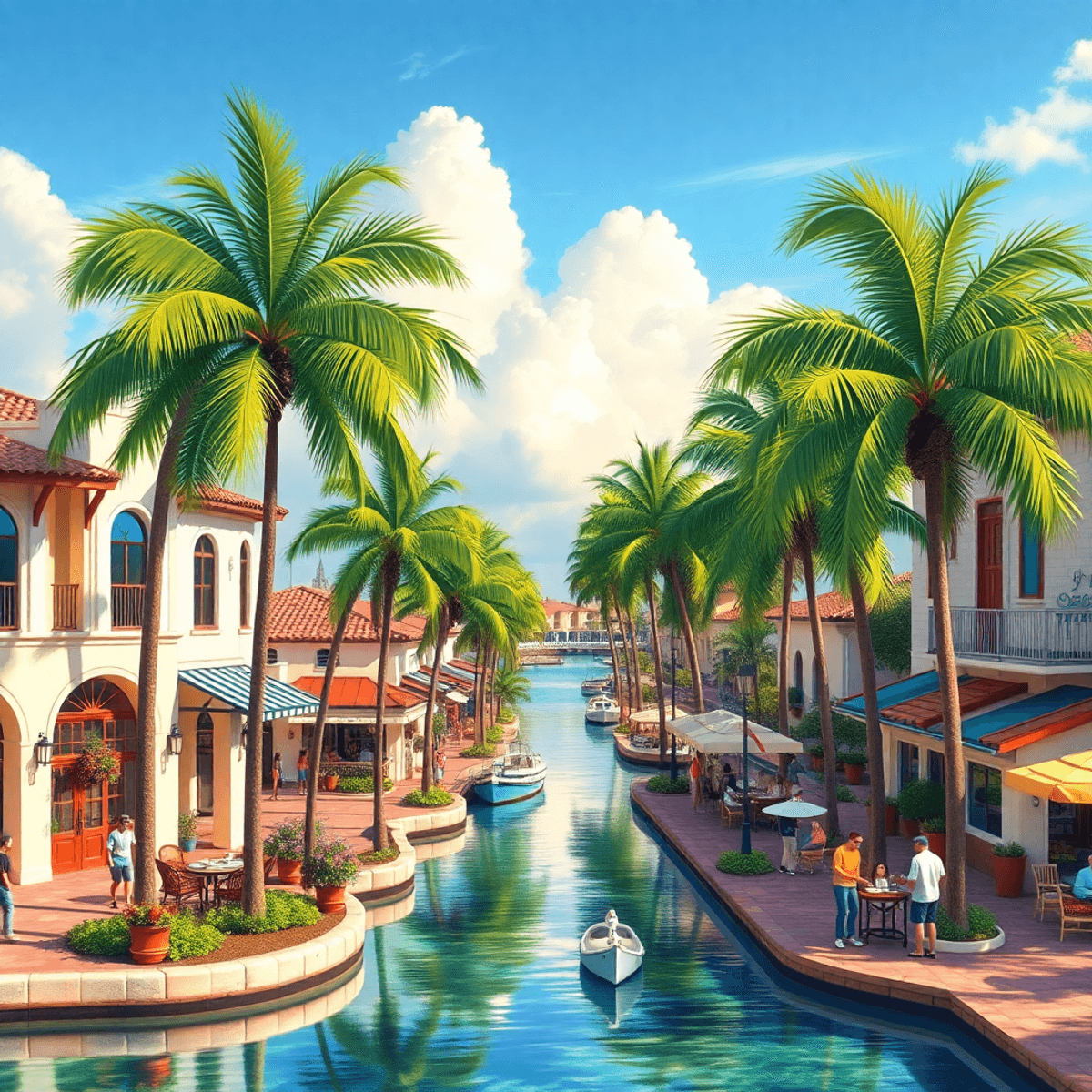 A picturesque community in Naples, Florida, showcasing Mediterranean architecture, palm-lined streets, serene waterways, and people enjoying outdoo...