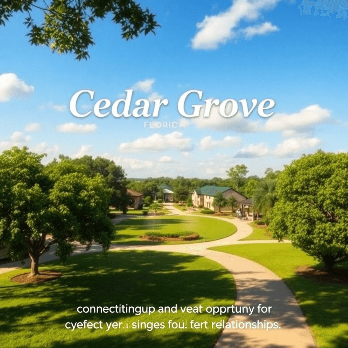 A scenic view of Cedar Grove, Florida, featuring lush greenery, a serene park with a walking path, and a warm atmosphere inviting connection and co...