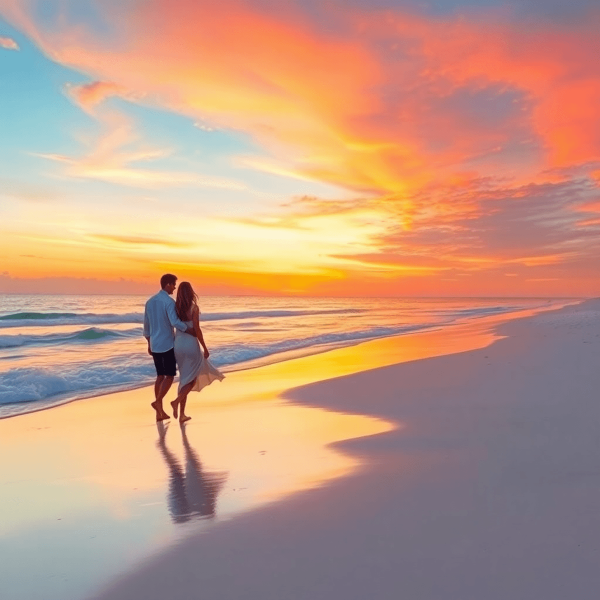 A couple walks hand-in-hand along a serene beach at sunrise, with soft white sands and gentle waves, as vibrant colors fill the sky over the Gulf w...
