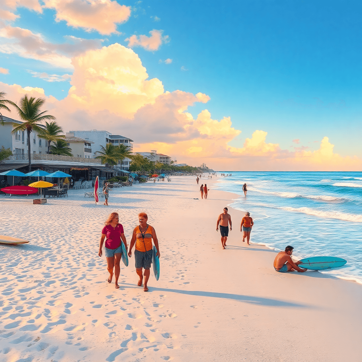 A vibrant beach scene in Indialantic, Florida, showcasing white sandy beaches, gentle waves, beach umbrellas, surfboards, and couples enjoying suns...