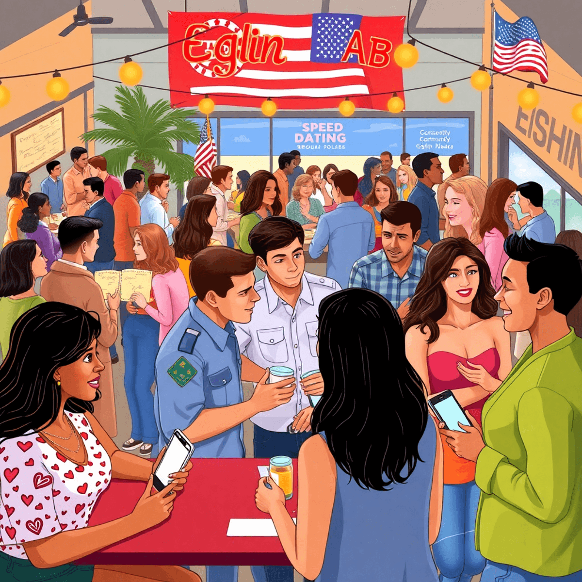A lively scene of singles engaging in dating activities at Eglin AFB, featuring speed dating, community mixers, and people using smartphones, all i...
