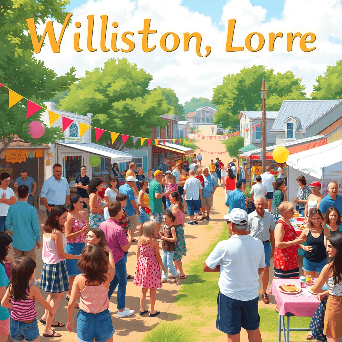 A lively outdoor community event with people dancing, chatting, and enjoying food, decorated with colorful banners and local vendors, exuding a fes...