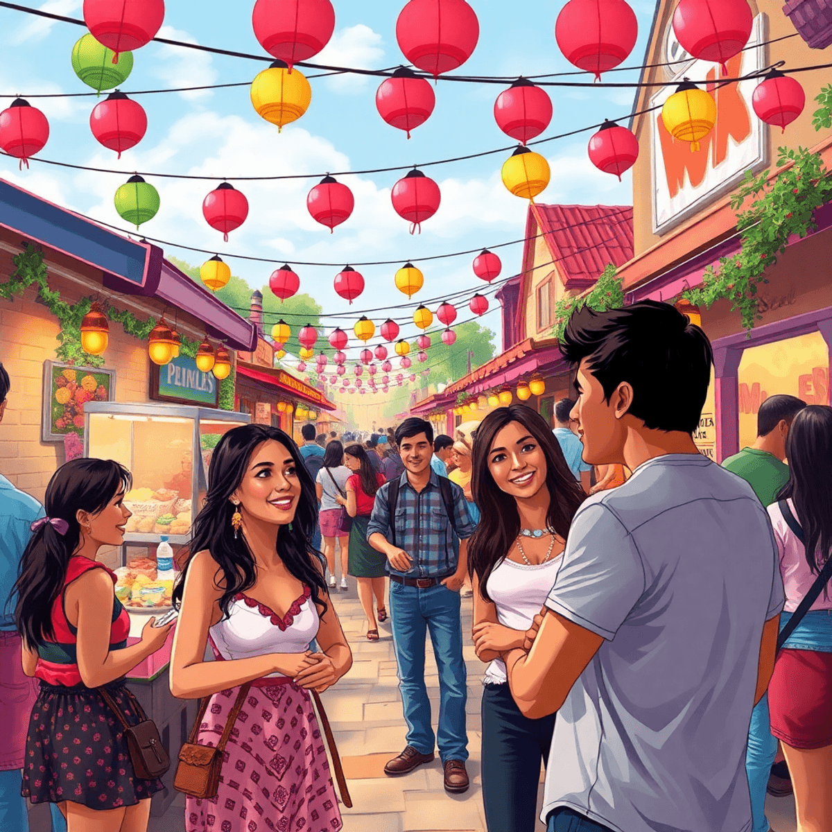 A lively local festival scene with colorful decorations, food stalls, and people enjoying friendly conversations, all conveying a warm community sp...