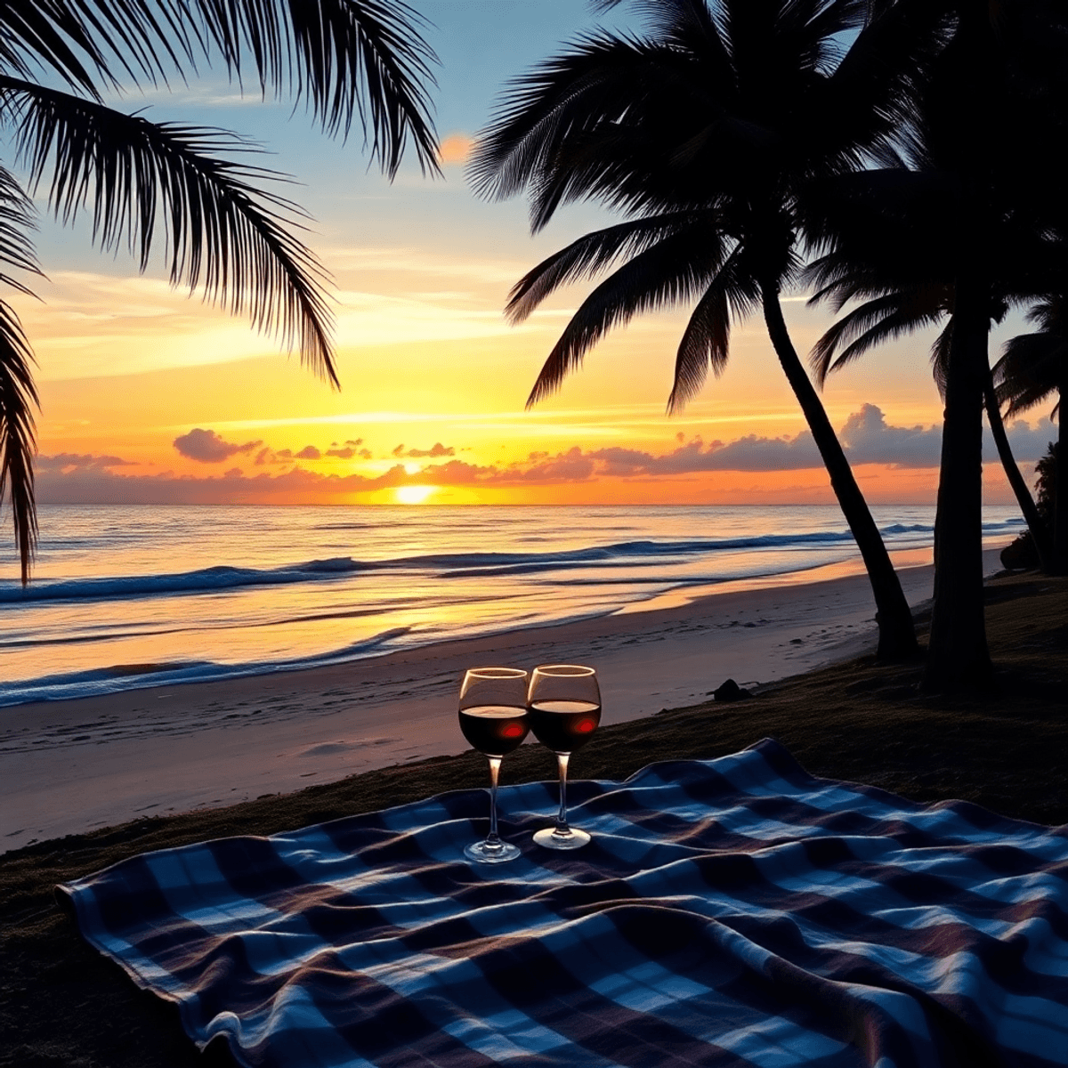 A romantic sunset over the Gulf Coast, featuring gentle waves, silhouetted palm trees, and a cozy picnic setup with a blanket and two glasses of wi...