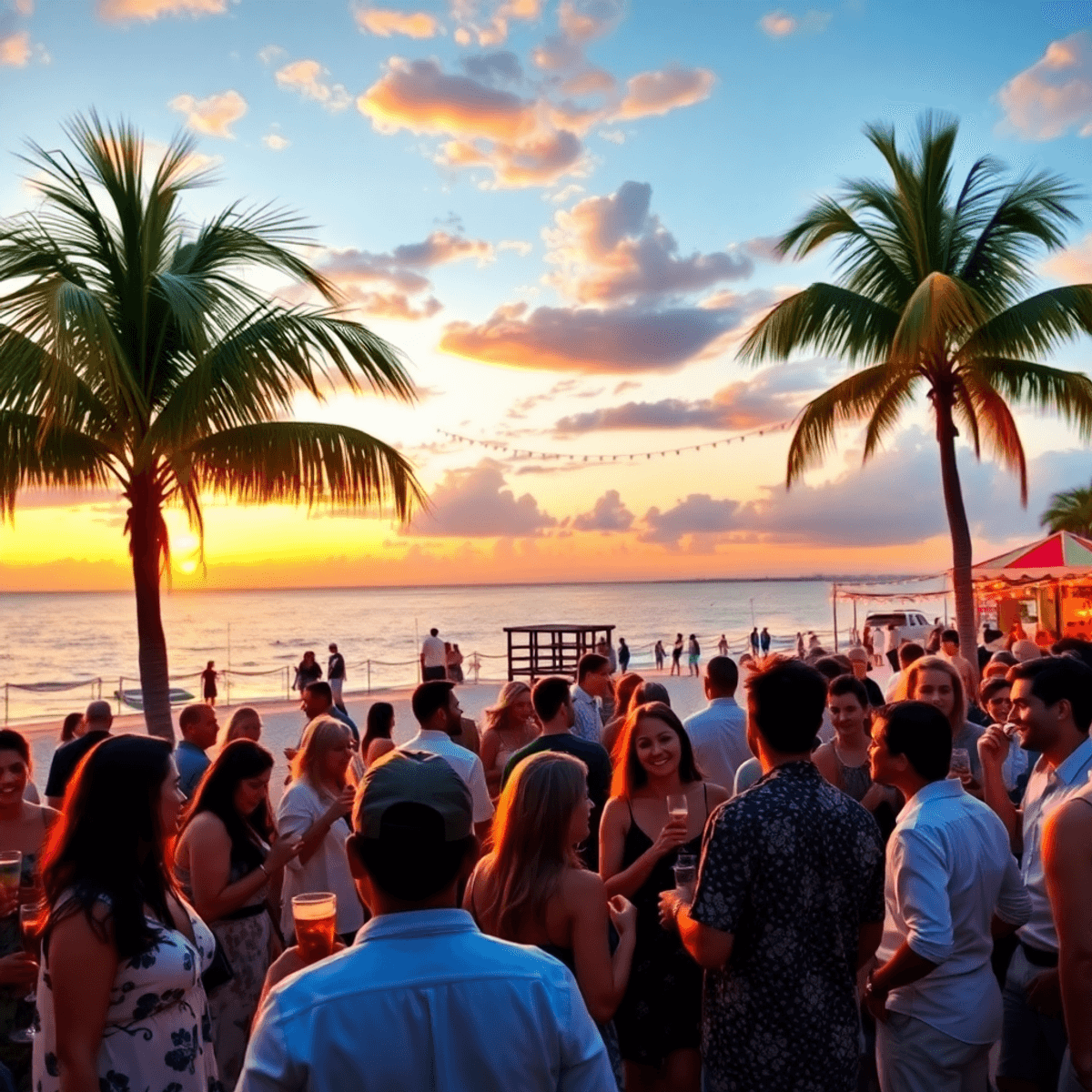 A vibrant sunset over a beach in Belleair, Florida, with singles enjoying cocktails and lively conversations, surrounded by palm trees and festive ...