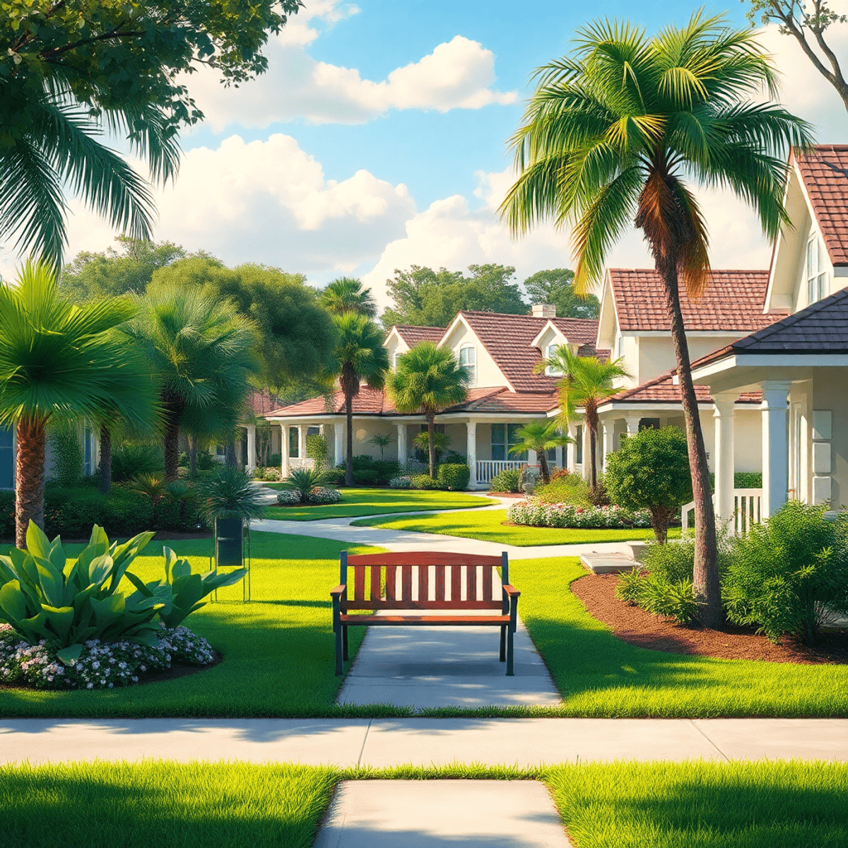 A serene suburban neighborhood in Suncoast Estates, Florida, featuring lush greenery, charming homes, a cozy park bench, and a welcoming atmosphere...