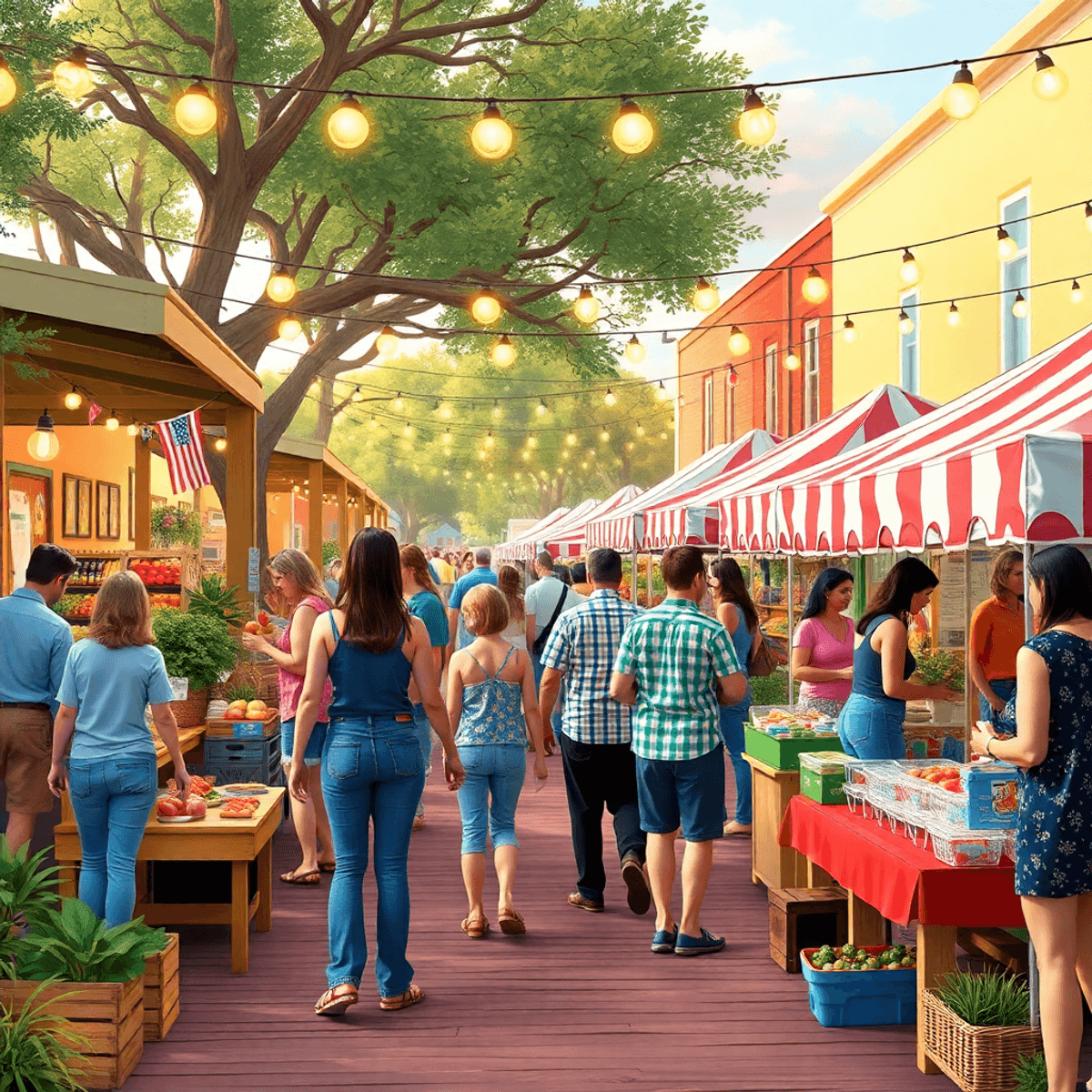 A bustling farmers market in Wahneta, Florida, filled with colorful stalls, fresh produce, handmade crafts, and people enjoying live music, creatin...