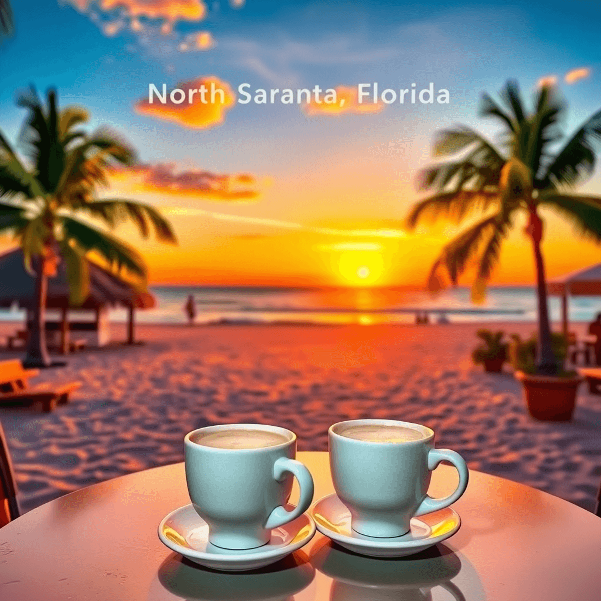 A cozy cafe by the beach in North Sarasota, Florida, with two coffee cups on a table, palm trees, and a stunning sunset creating a warm and invitin...