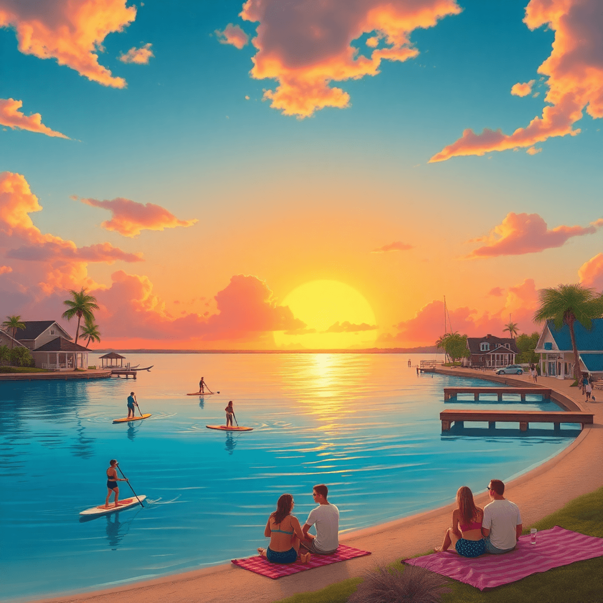 A vibrant sunset over a tranquil waterfront in Parker, Florida, with paddleboarders on the water and couples picnicking on the shore, surrounded by...